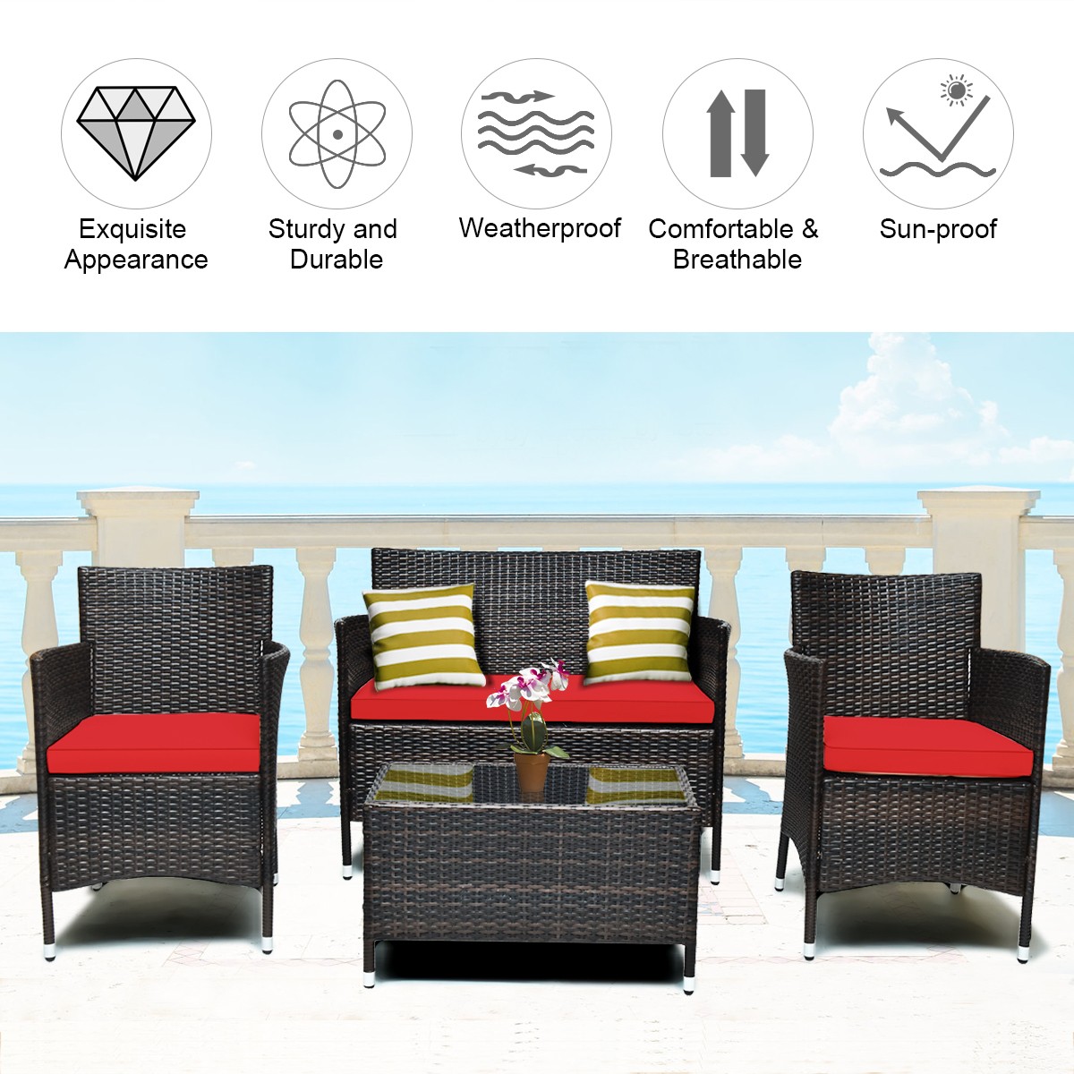 4PCS Rattan Patio Furniture Set Cushioned Sofa Chair Coffee Table Red