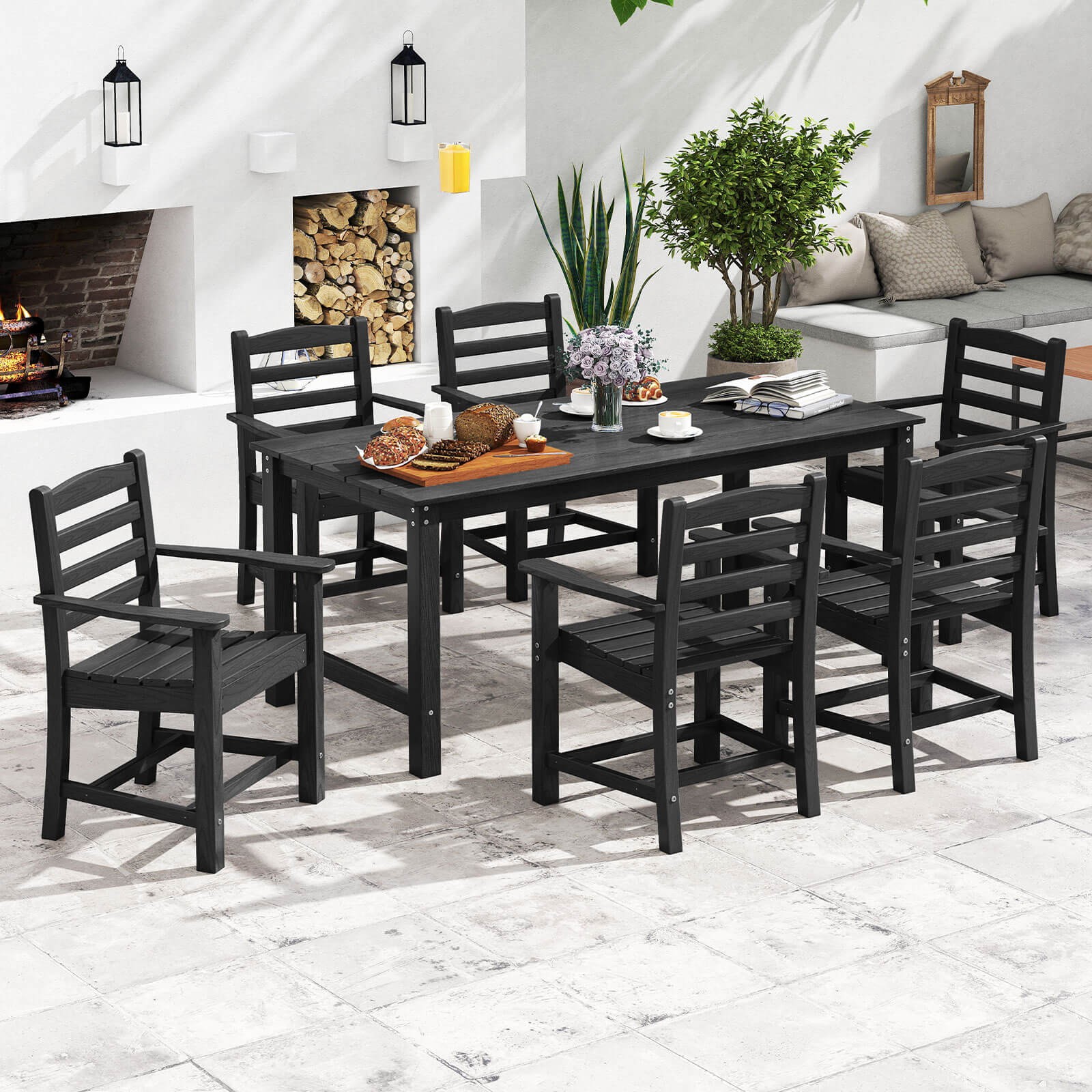 7 PCS Outdoor Dining Table Set for 6 People Rectangle Table & 6 Armchairs