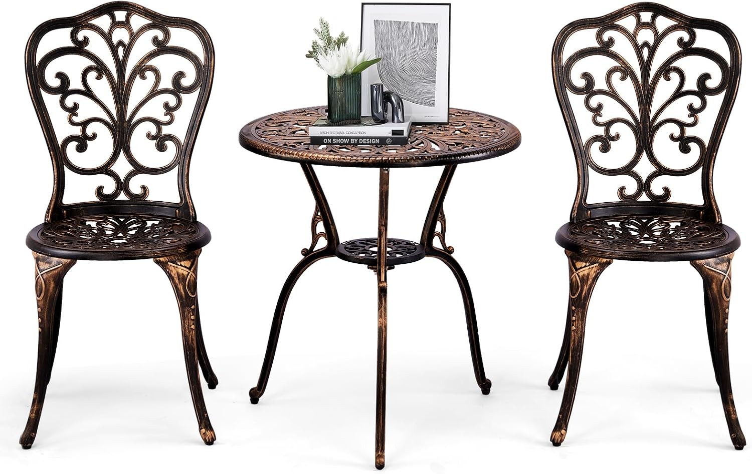 3 Piece Cast Aluminum Bistro Set Butterfly Pattern Bronze Outdoor Cafe Table