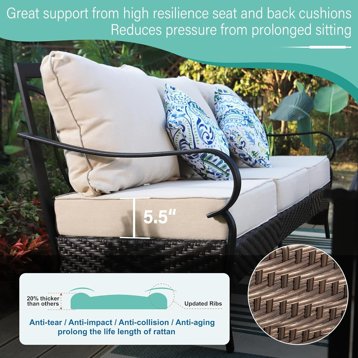 4Piece Oversized Patio Furniture Set w/ Fire Pit Table Outdoor Swivel Sofa Chair