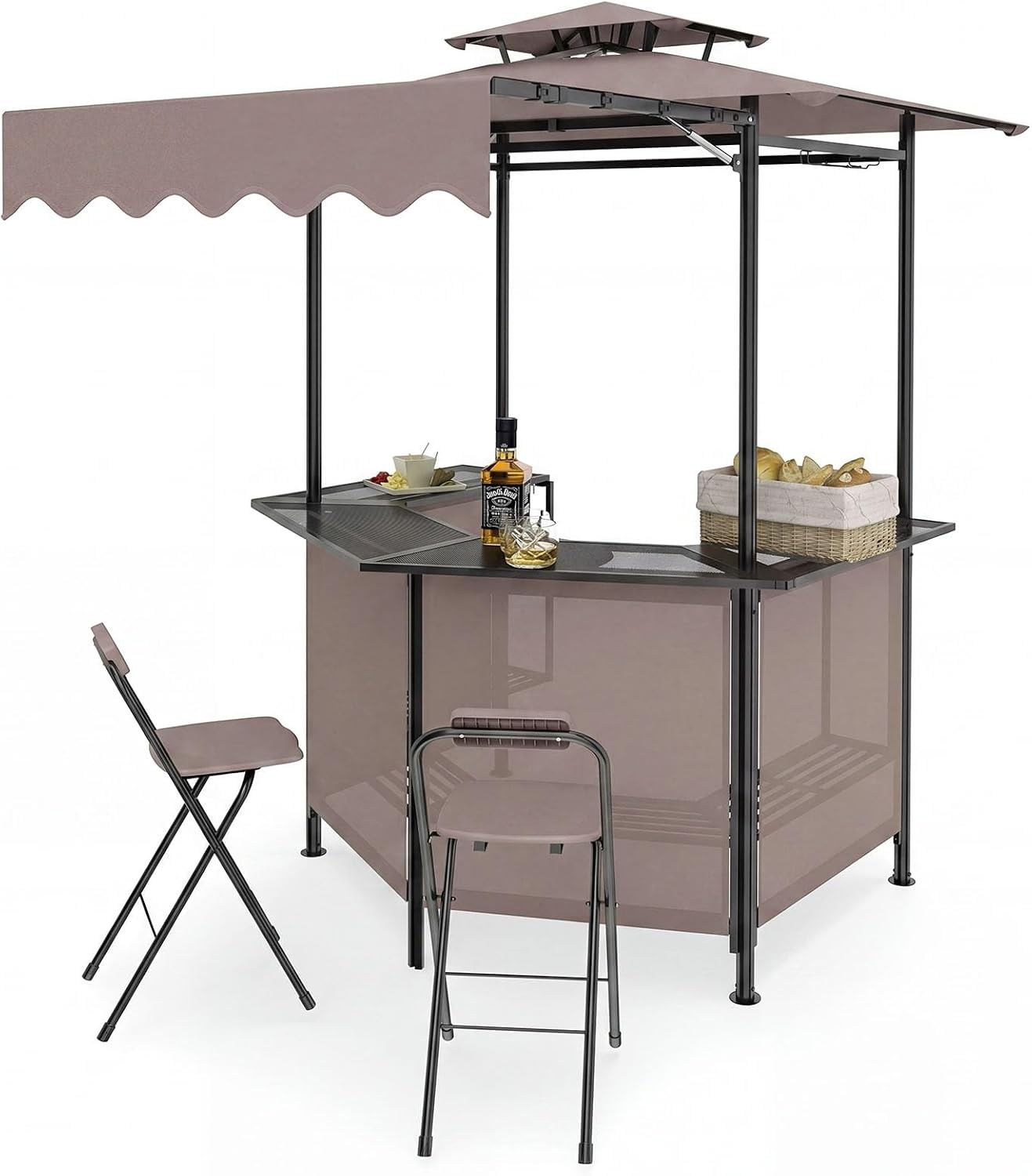 3 Piece Patio Bar Set Grill Gazebo & 2 Foldable Bar Stools with Awning Slatted