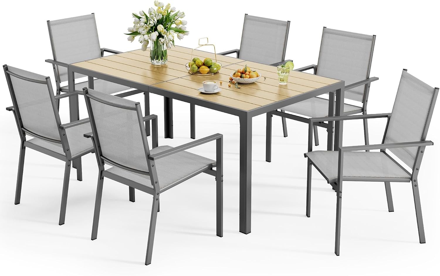 Patio Table & Chairs Set 6 Outdoor Dining Set Includes 59.5″ Rectangle Patio