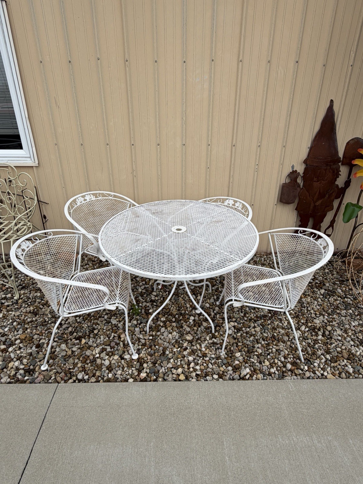 Vintage Woodard Wrought Iron Patio Set Table & 4 Chairs MCM White