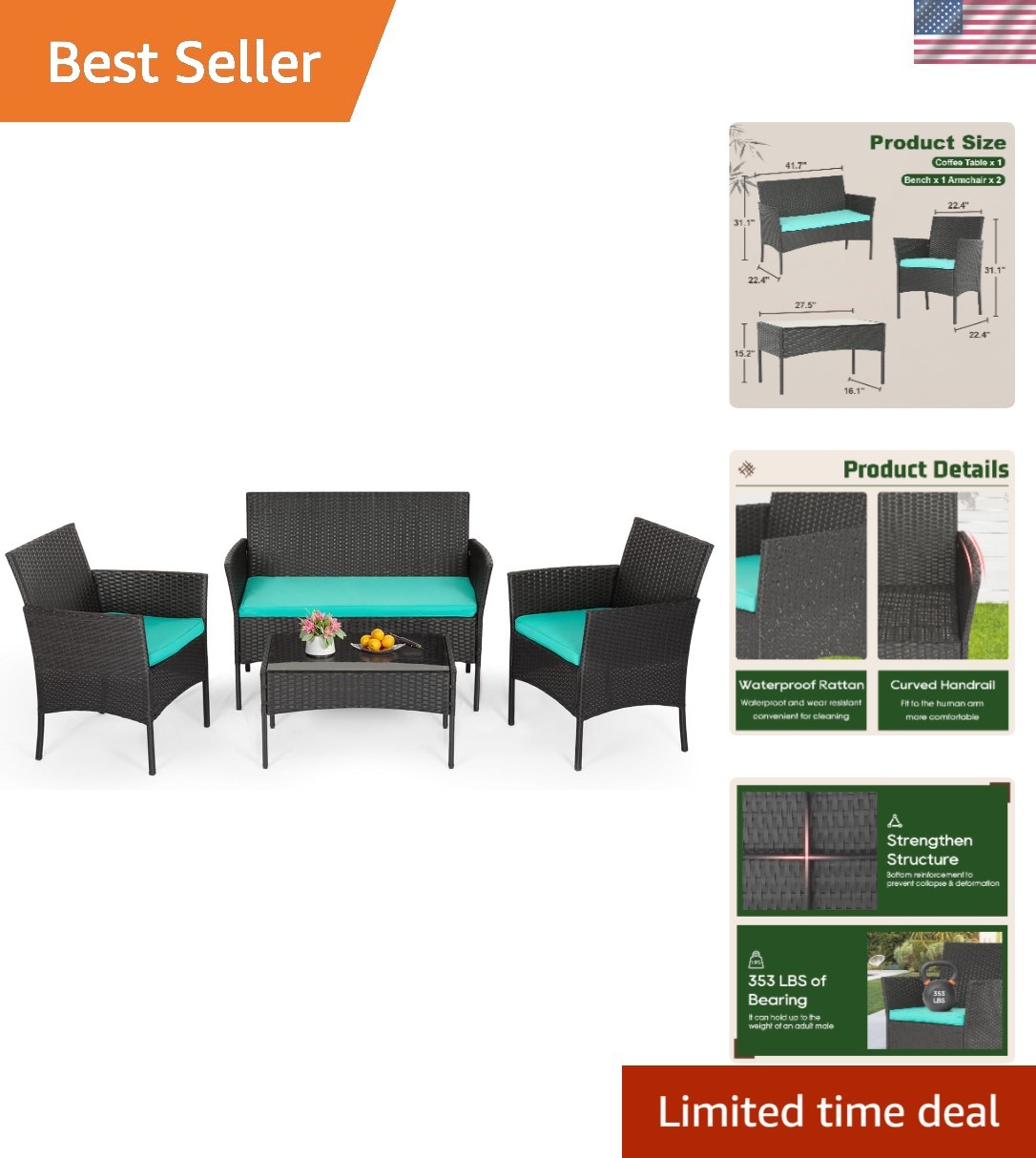 4-Piece Patio Furniture Set | Blue | Outdoor Wicker Furniture with Coffee Tab…