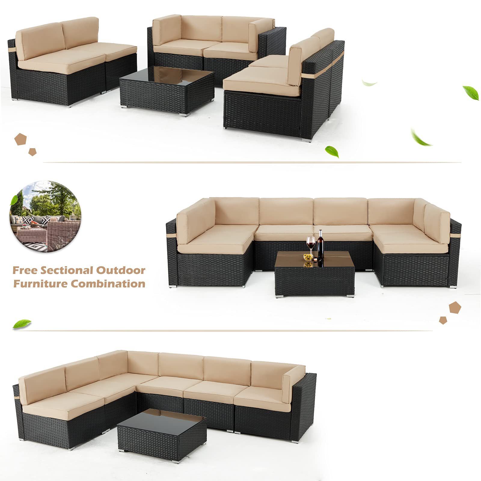 7-Pc PE Rattan Patio Sofa Set Outdoor Sectional Conversation Couch with Cushions