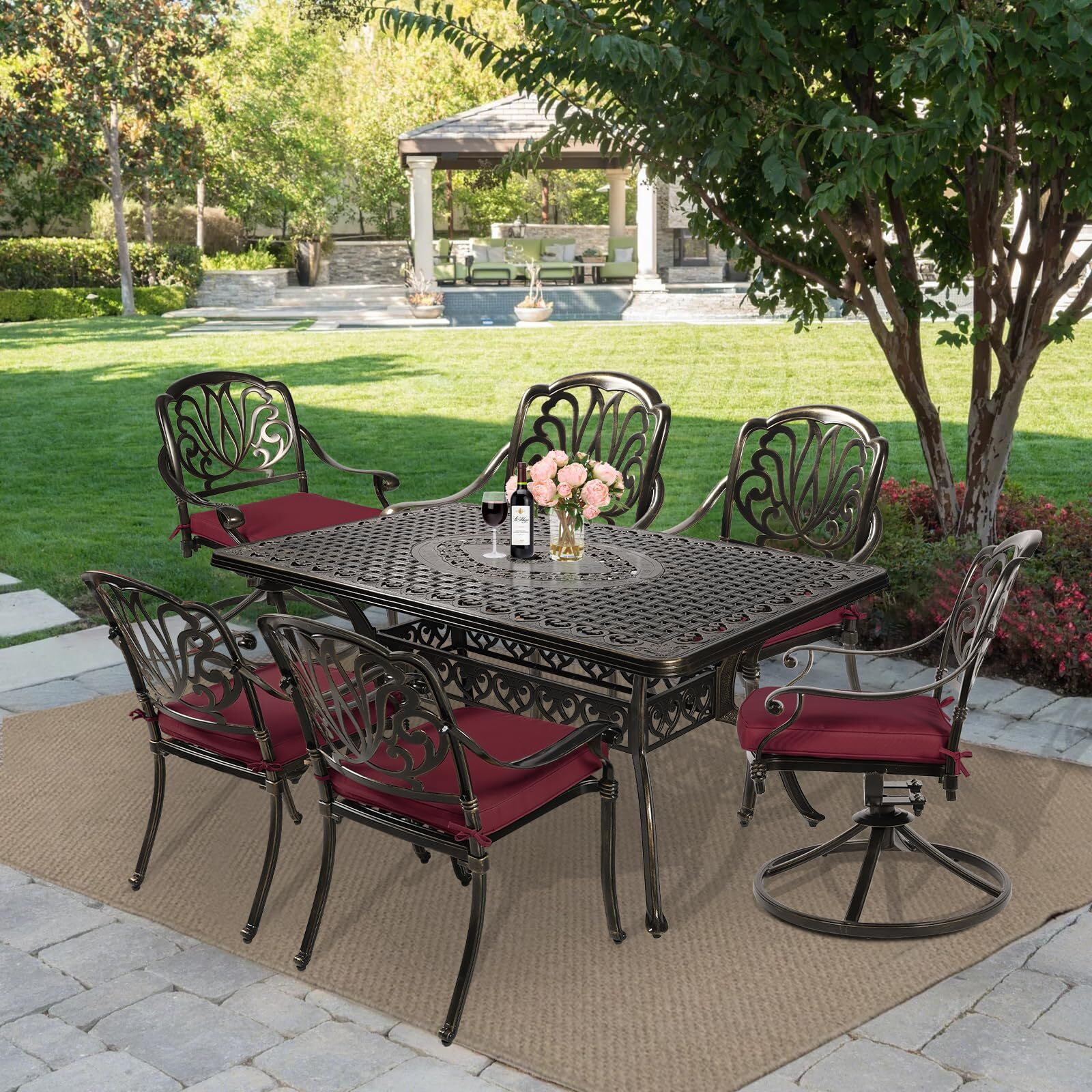 7PCS Outdoor Cushioned Dining Set Patio Table & Chairs W/ Umbrella Hole