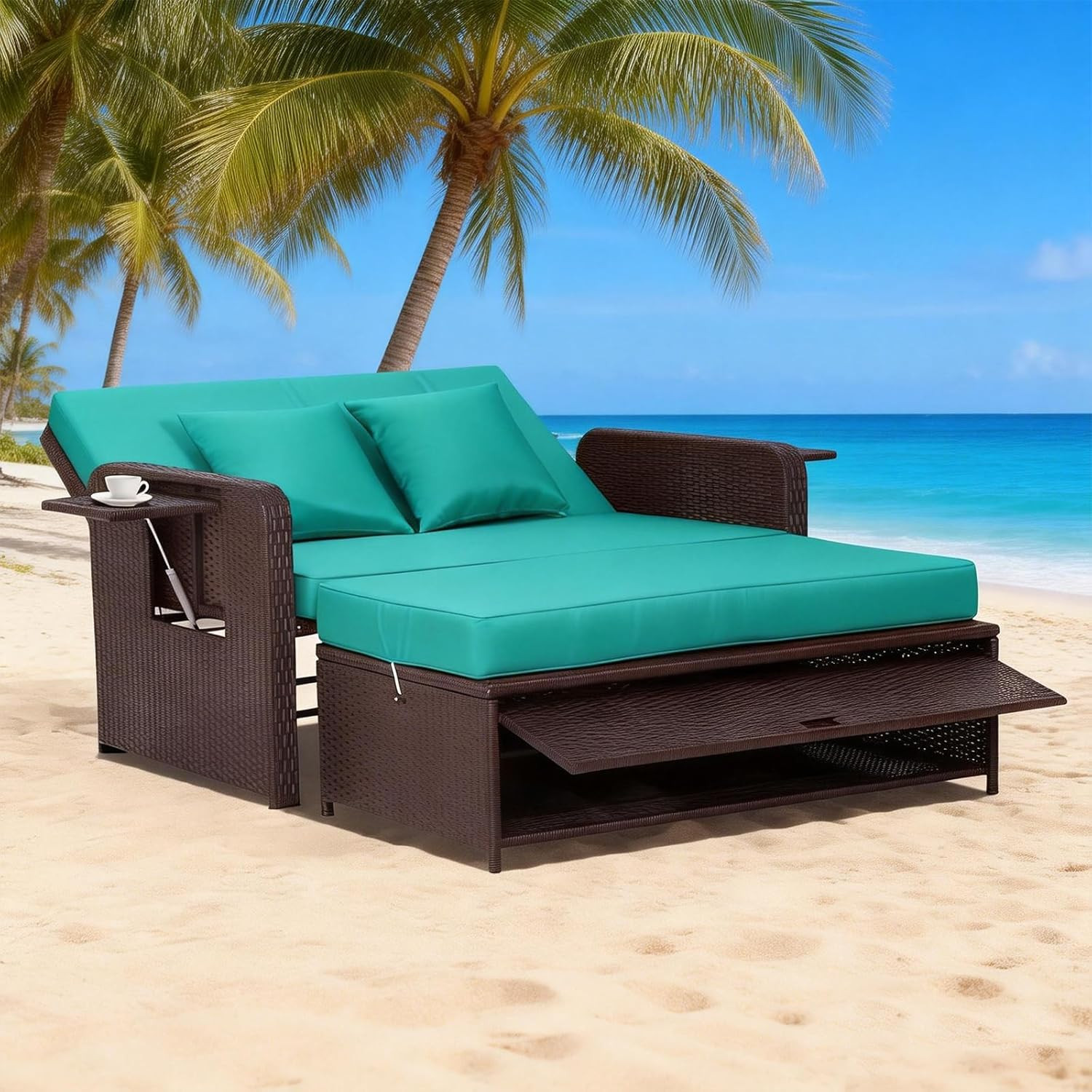 Blue 5-Piece Outdoor Wicker Daybed Cushion Cover Set for Loveseat Sofa
