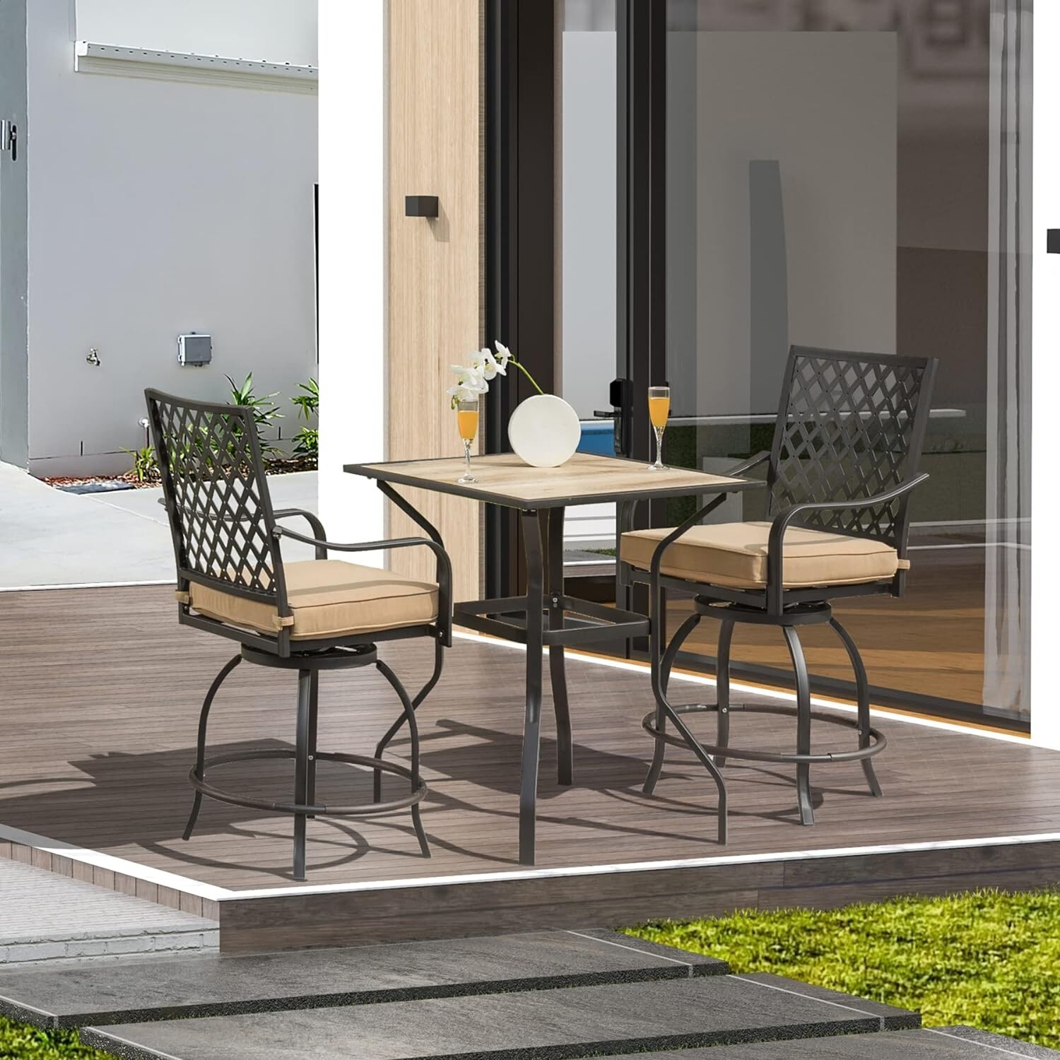 Domi 3 Piece Patio Bar Set w/Swivels Bar Stool&Table,Seat Cushion for Patio,Yard