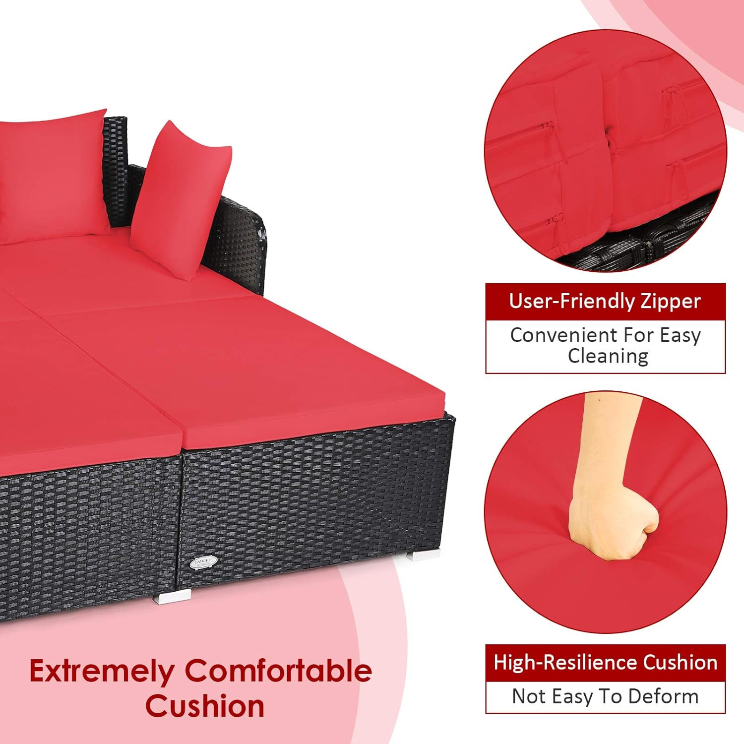 Red Outdoor Rattan Daybed Sofa with Cushions & 4 Pillows for Patio Relaxation