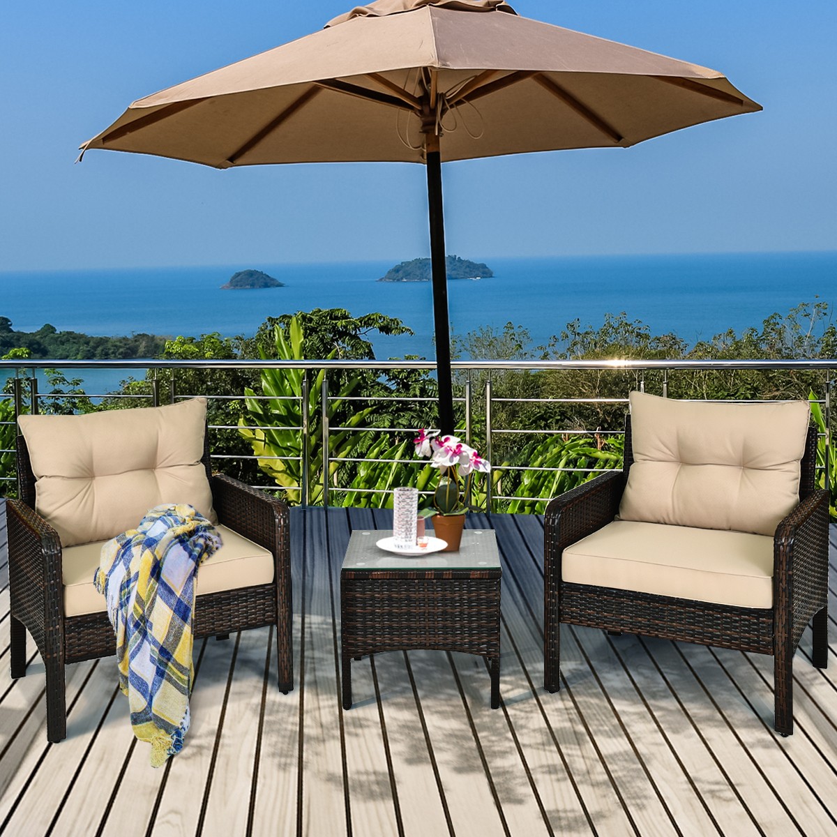 3PCS Outdoor Rattan Conversation Set Patio Garden Home Cushioned Sofa Yard