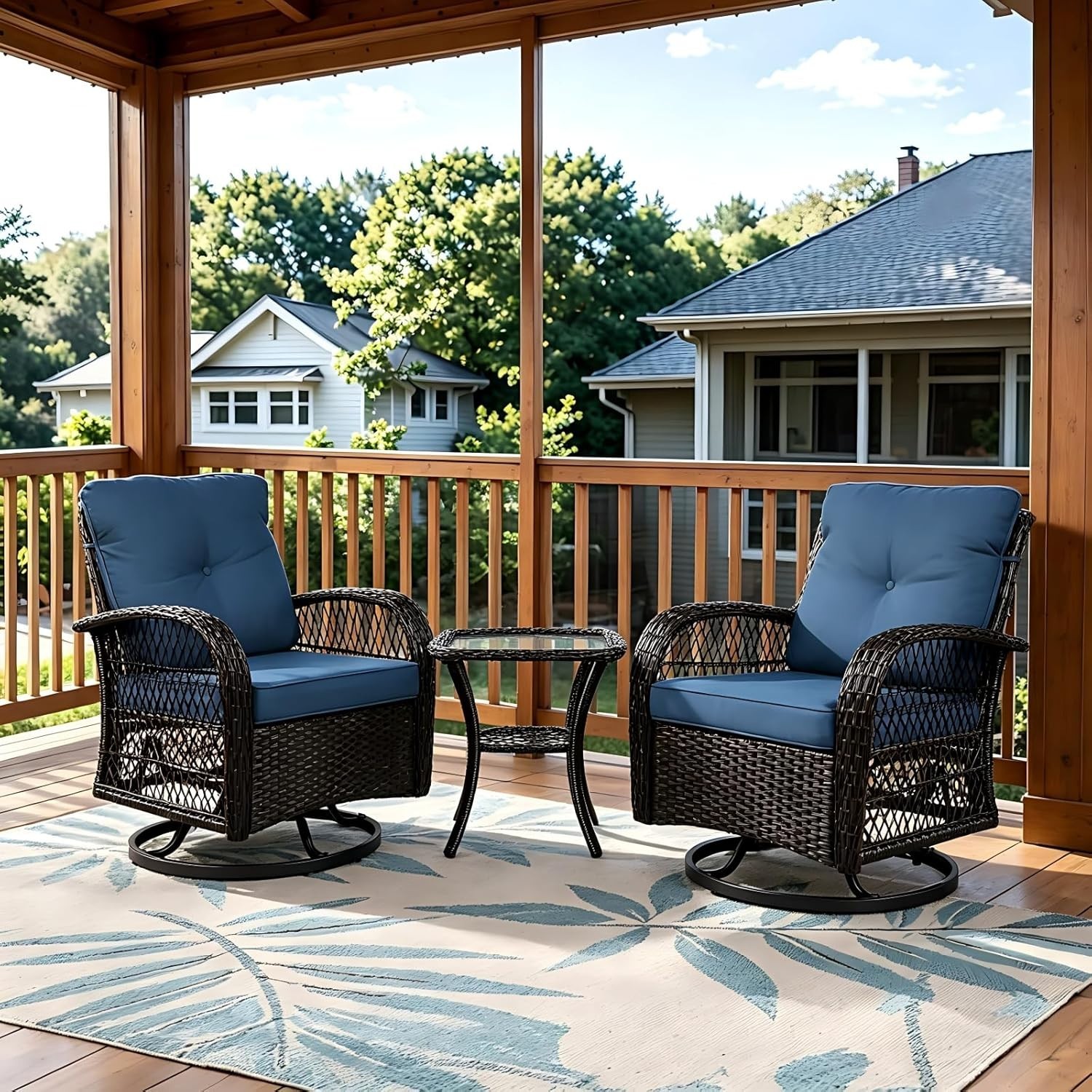 3 Piece Patio Furniture Set, 2 Outdoor Swivel Rocking Chairs w/ Side Table Blue