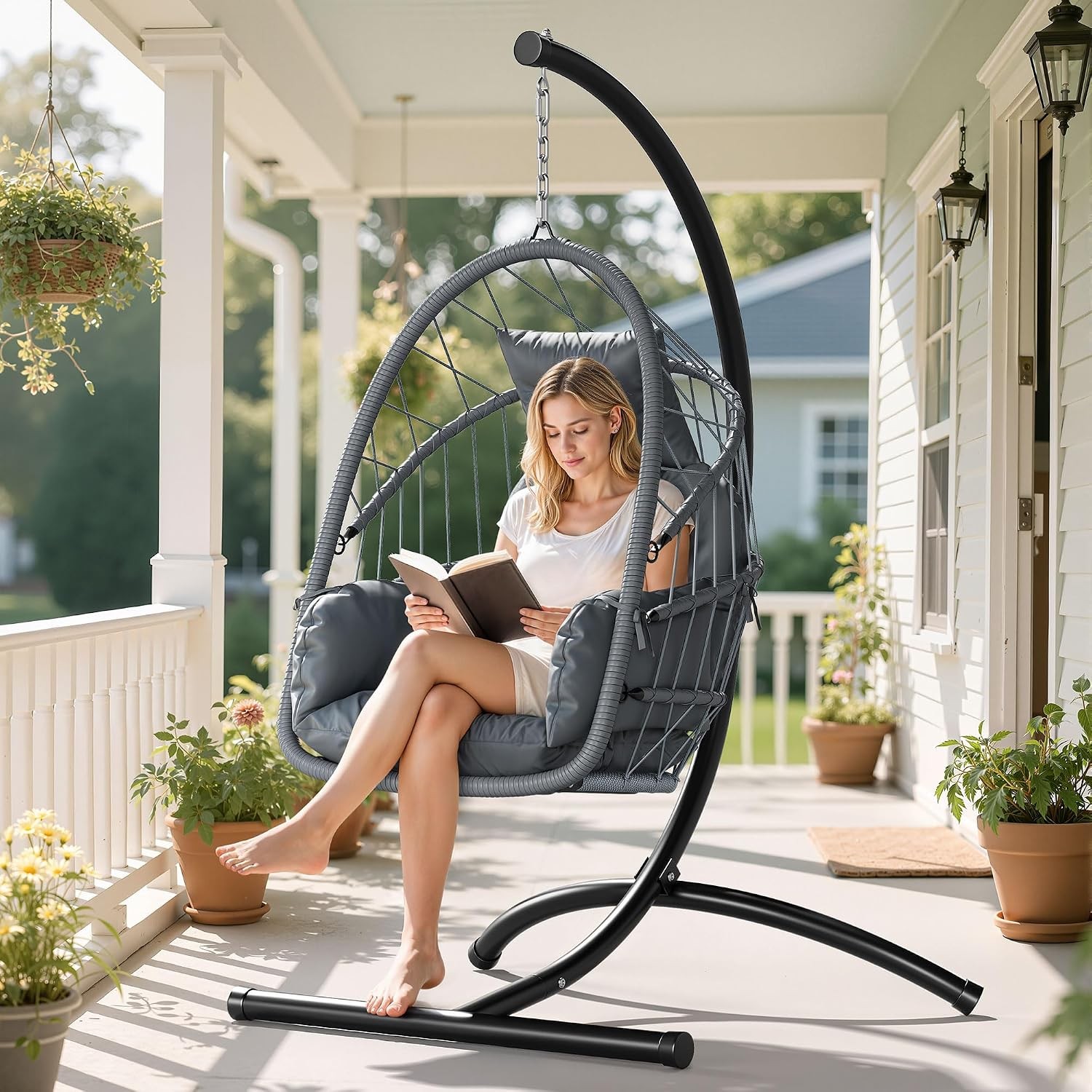 Hanging Egg Chair with Stand, Wicker Rattan Egg Swing Chair with 360° Swivel