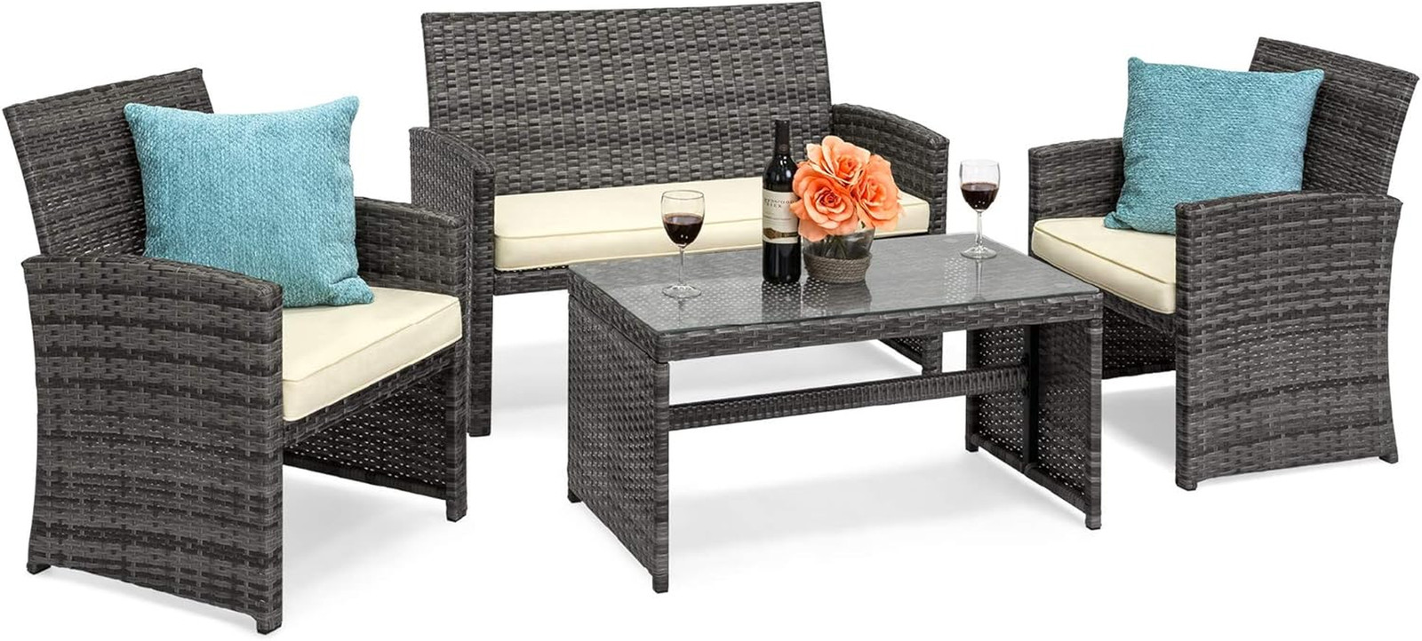 4-Piece Outdoor Wicker Patio Conversation Furniture Set for Backyard W/Coffee Ta