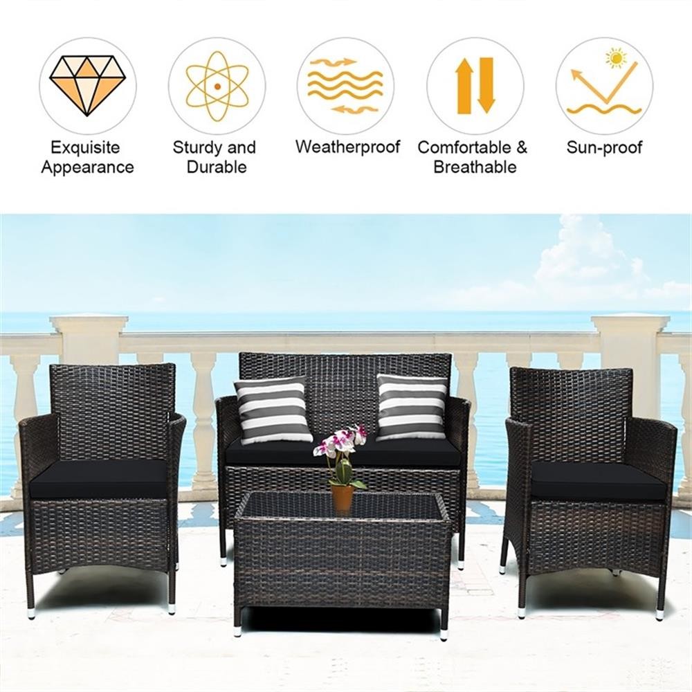 Pemberly Row 4PCS Patio Set Cushioned Sectional Sofa Chair Coffee Table in Black
