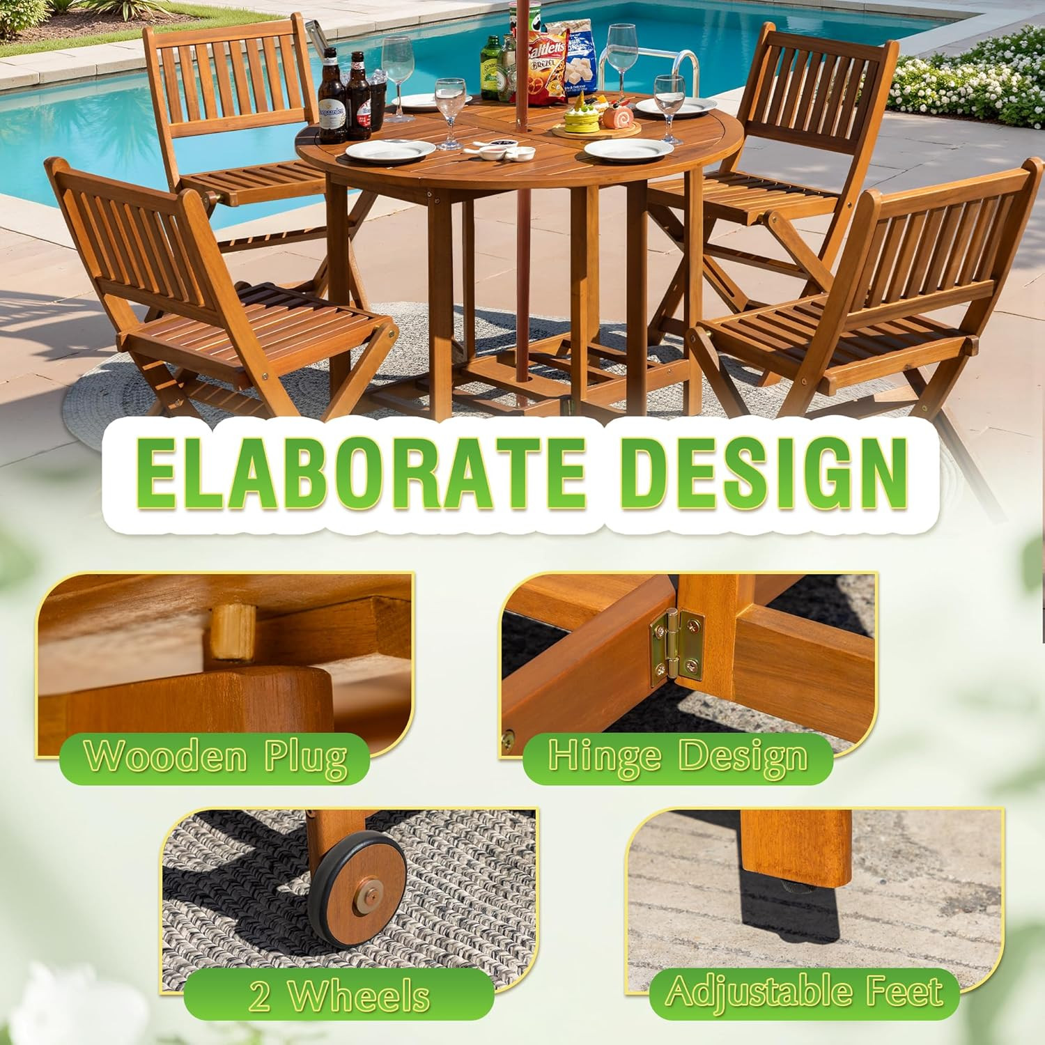 Light Brown 5-Piece Acacia Wood Patio Dining Set – Folding Table & Chairs