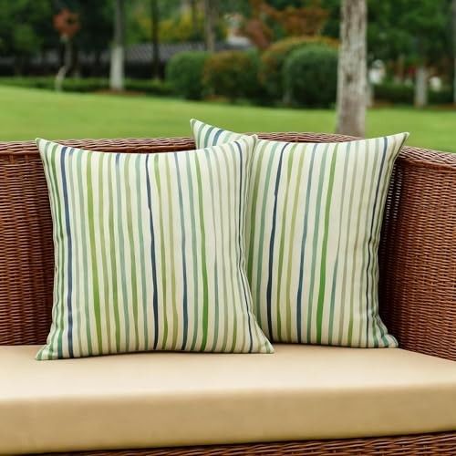Spring Outdoor Waterproof Throw 18″ x 18″ (Pack of 2) Natural Green Stripes