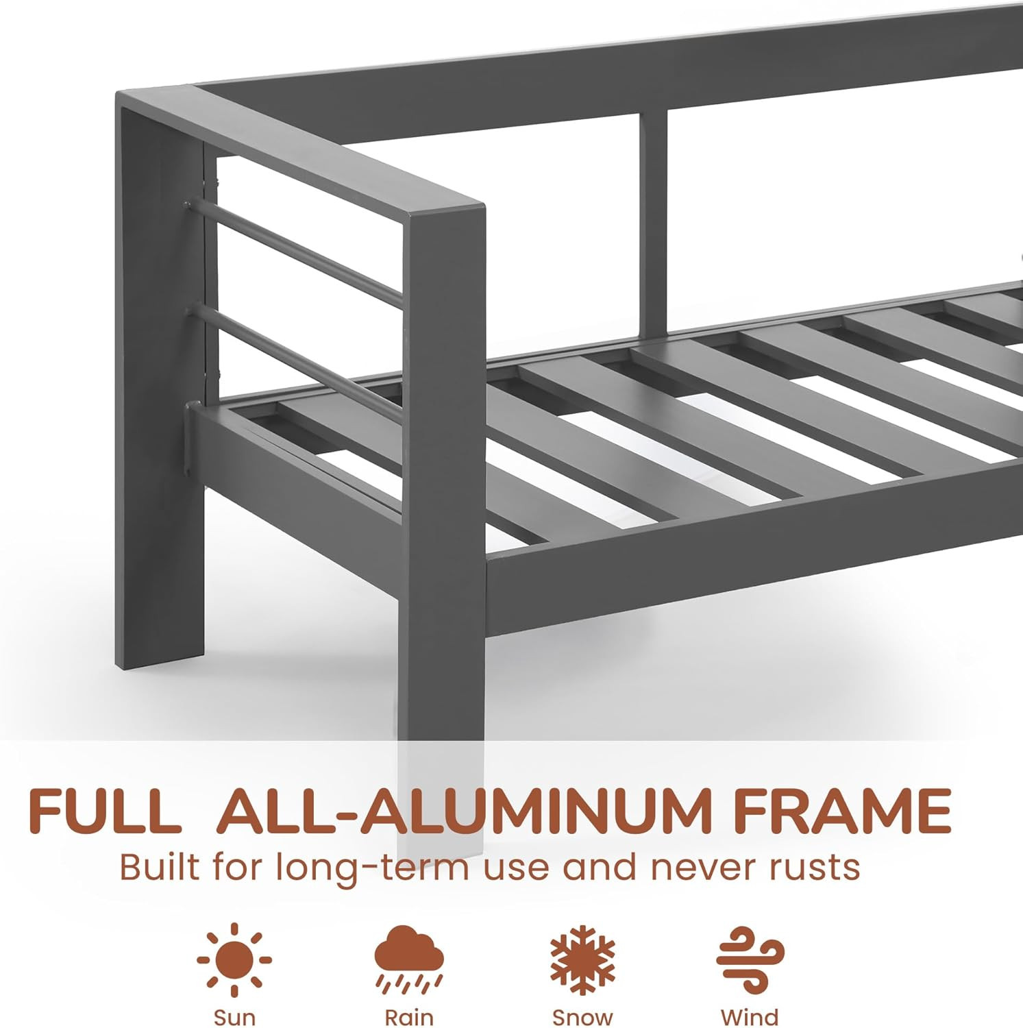 Dark Grey 3-Seat Aluminum Outdoor Couch with Cushions for All-Weather Use