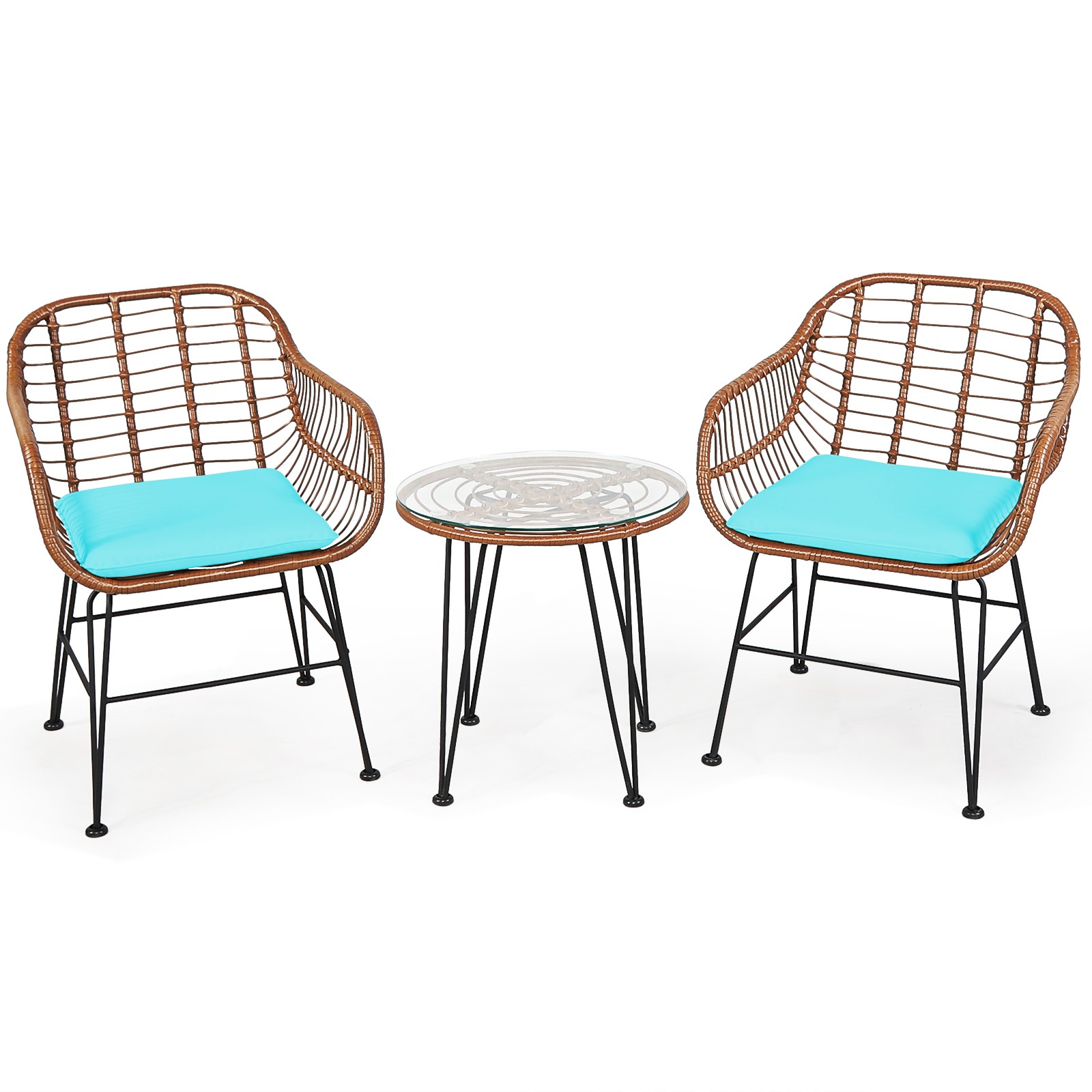 Costway 3PCS Patio Rattan Bistro Set Table Armchair Garden Turquoise Cushion