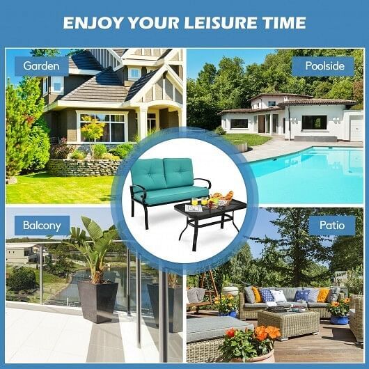 2PCS Patio Loveseat Bench Table Furniture Set with Cushioned Chair-Turquoise
