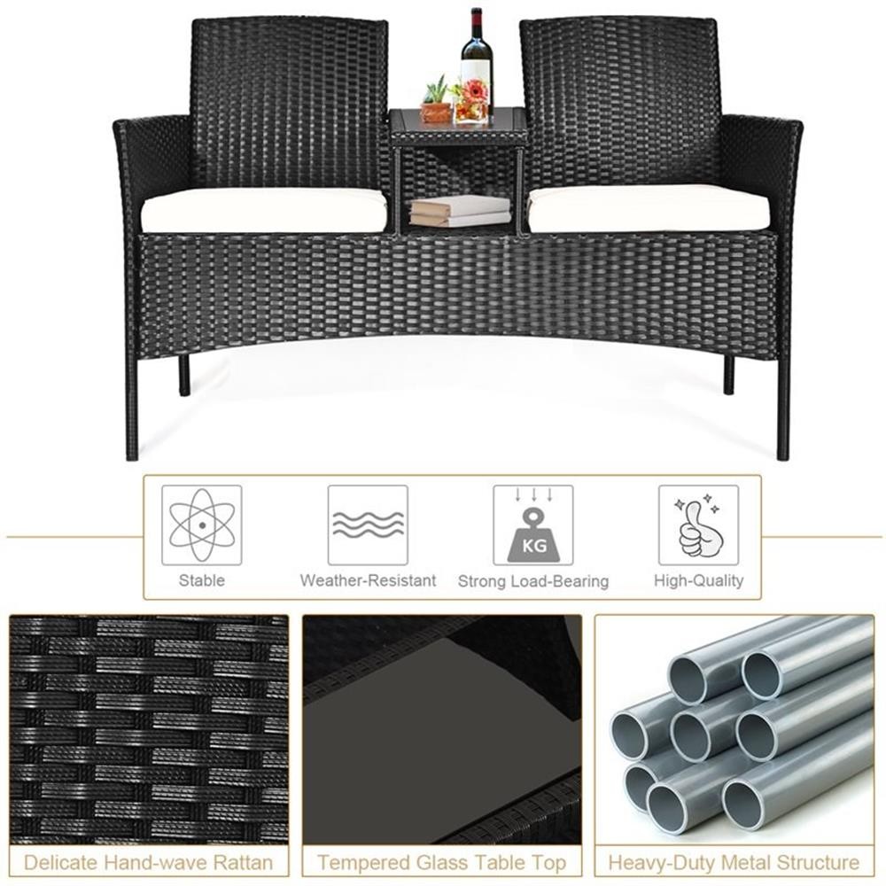 Pemberly Row Rattan and Metal Cushioned Seat Patio Conversation Set in Black