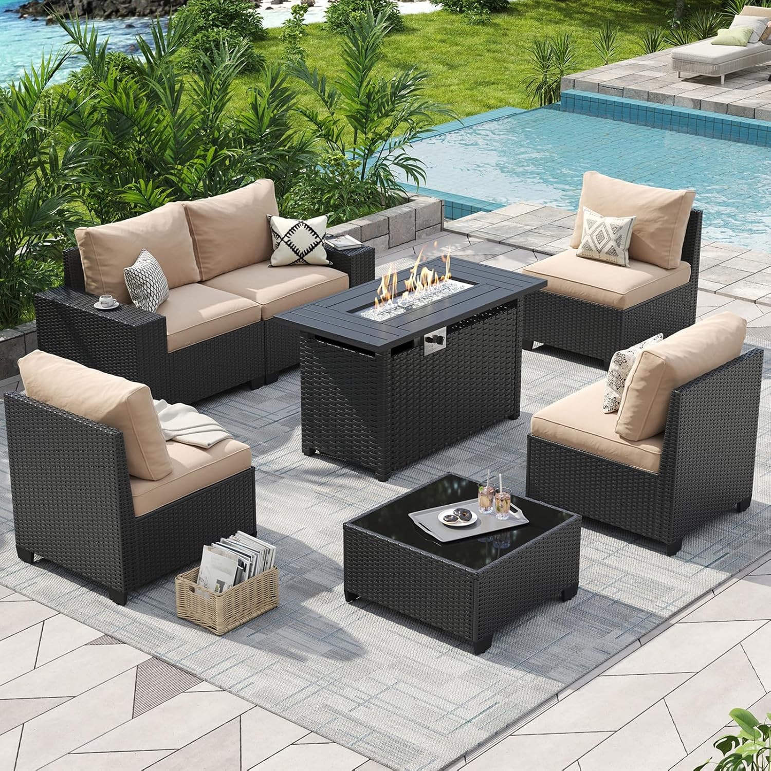 7 Pcs Patio Furniture Set 44” Fire Pit Table Outdoor Sofa Set 4in Cushion Table
