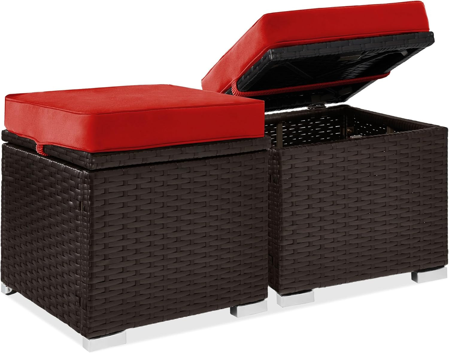Red/Brown Wicker Ottomans Set of 2 – Versatile Outdoor Furniture with Storage
