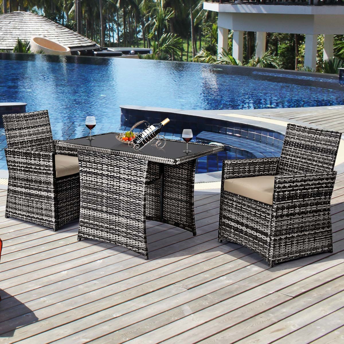 3PCS Outdoor Patio Rattan Wicker Furniture Set Armrest Sofa Cushion Mix Gray