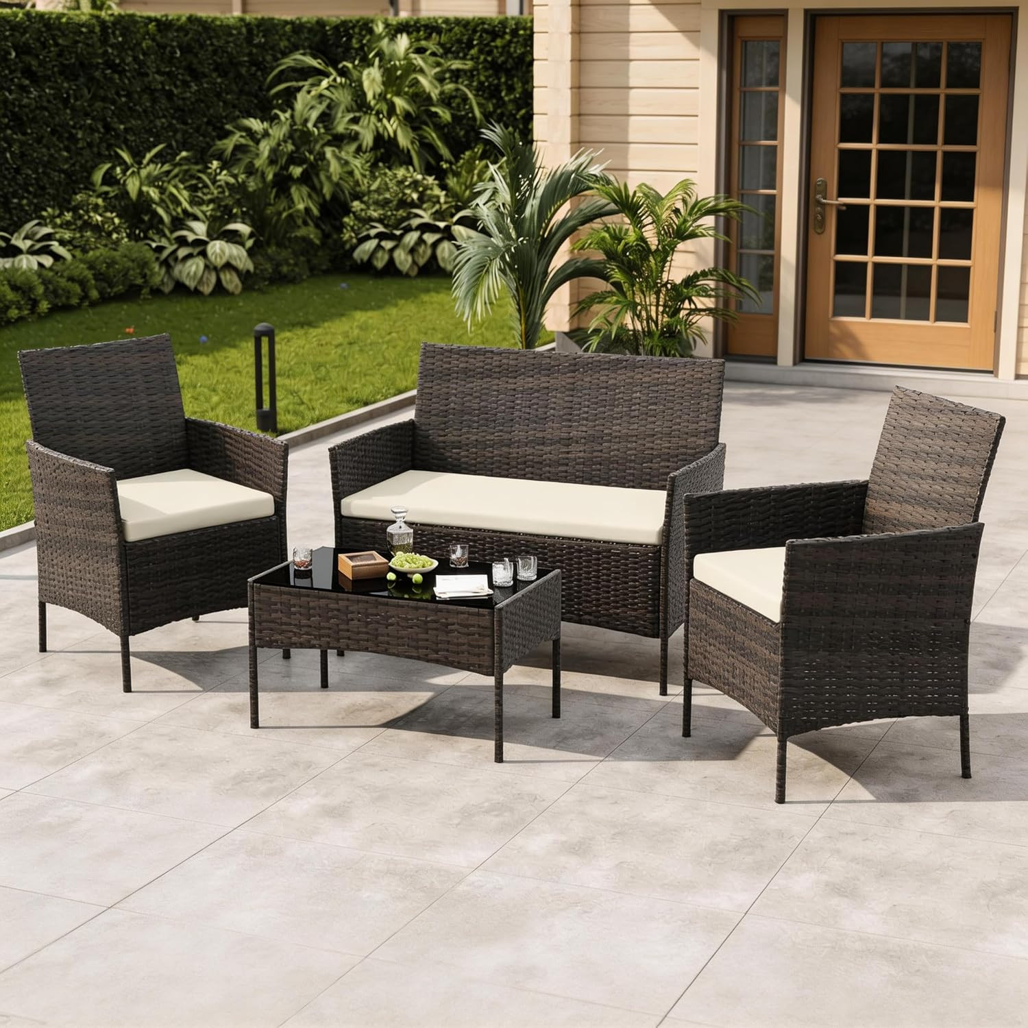 4-Piece Patio Furniture Set, Modern PE Rattan Conversation Set with 2 Chairs, Lo