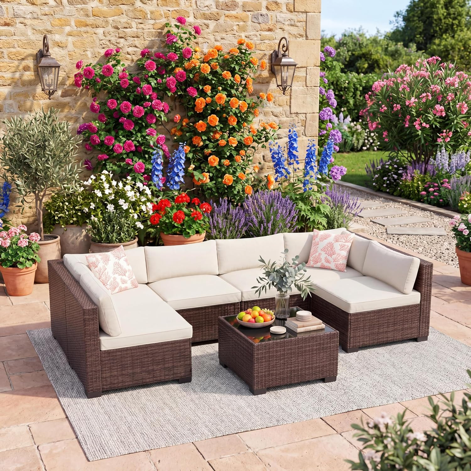 7 Pieces Outdoor Patio Sectional Sofa Couch, Wicker Furniture Conversation Sets