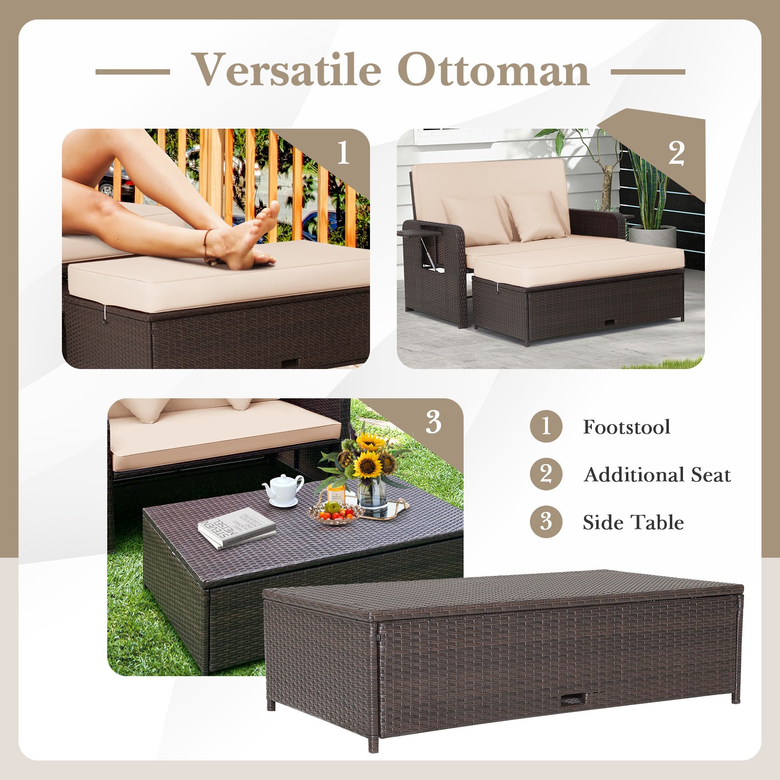 Patio Rattan Daybed Lounge 3 Soft Cushions & 2 Pillows Side Tables for Backyard