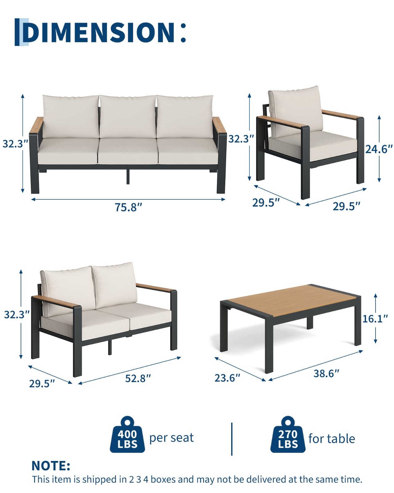 4 Pieces Patio Furniture Set Outdoor Sectional Sofa Set with Table for 4 Seats