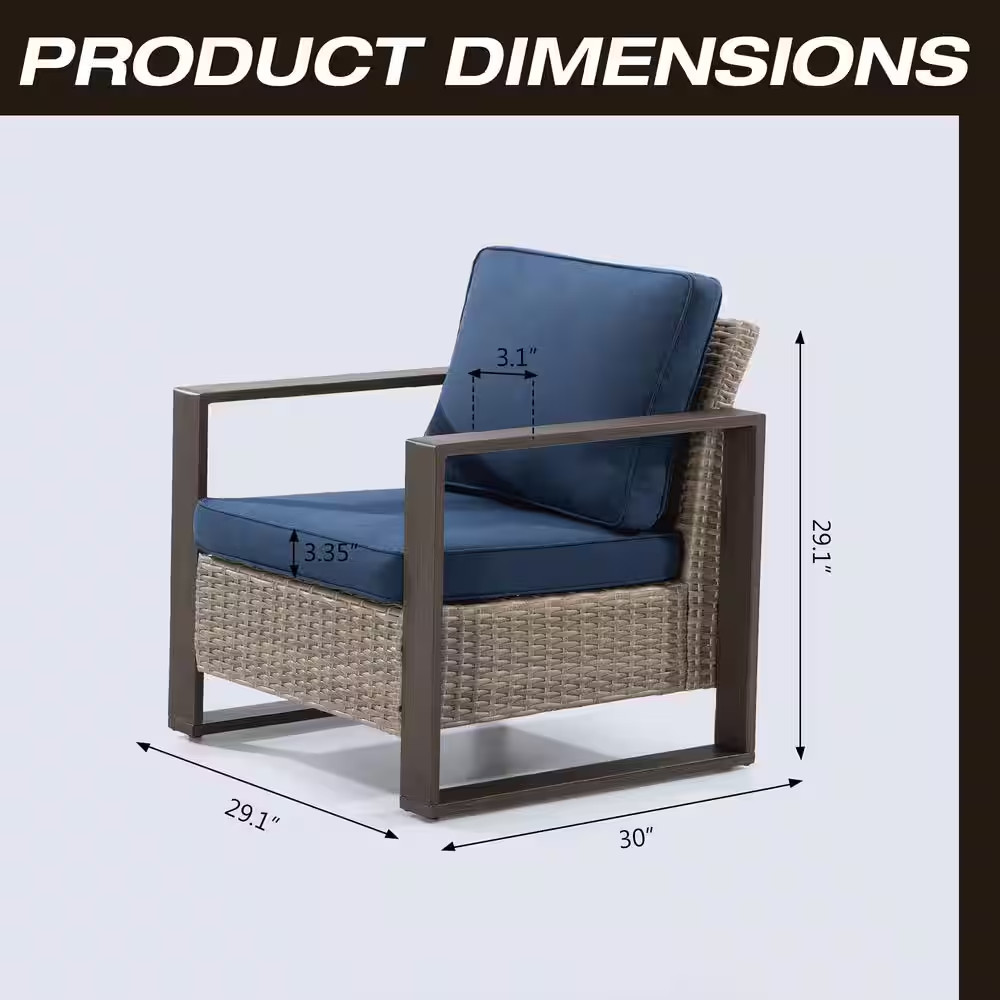 2-Piece Wicker Outdoor Lounge Chair Patio Chairs with Metal Frame and Dark Blue