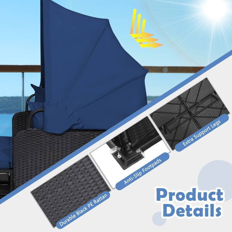 Patio Rattan Daybed Lounge Canopy Navy Cushions Outdoor Furniture W/ Side Tables
