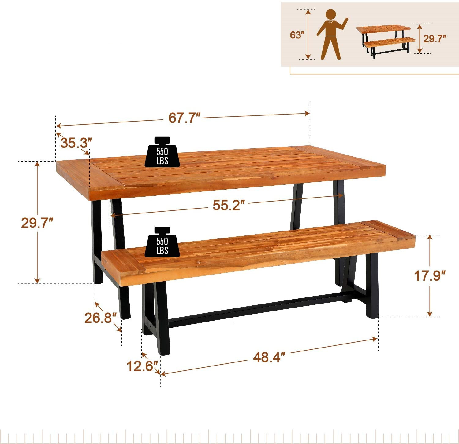 3Pcs Patio Dining Set Outdoor Dining Table & Bench Chair Set Acacia Wood Chairs