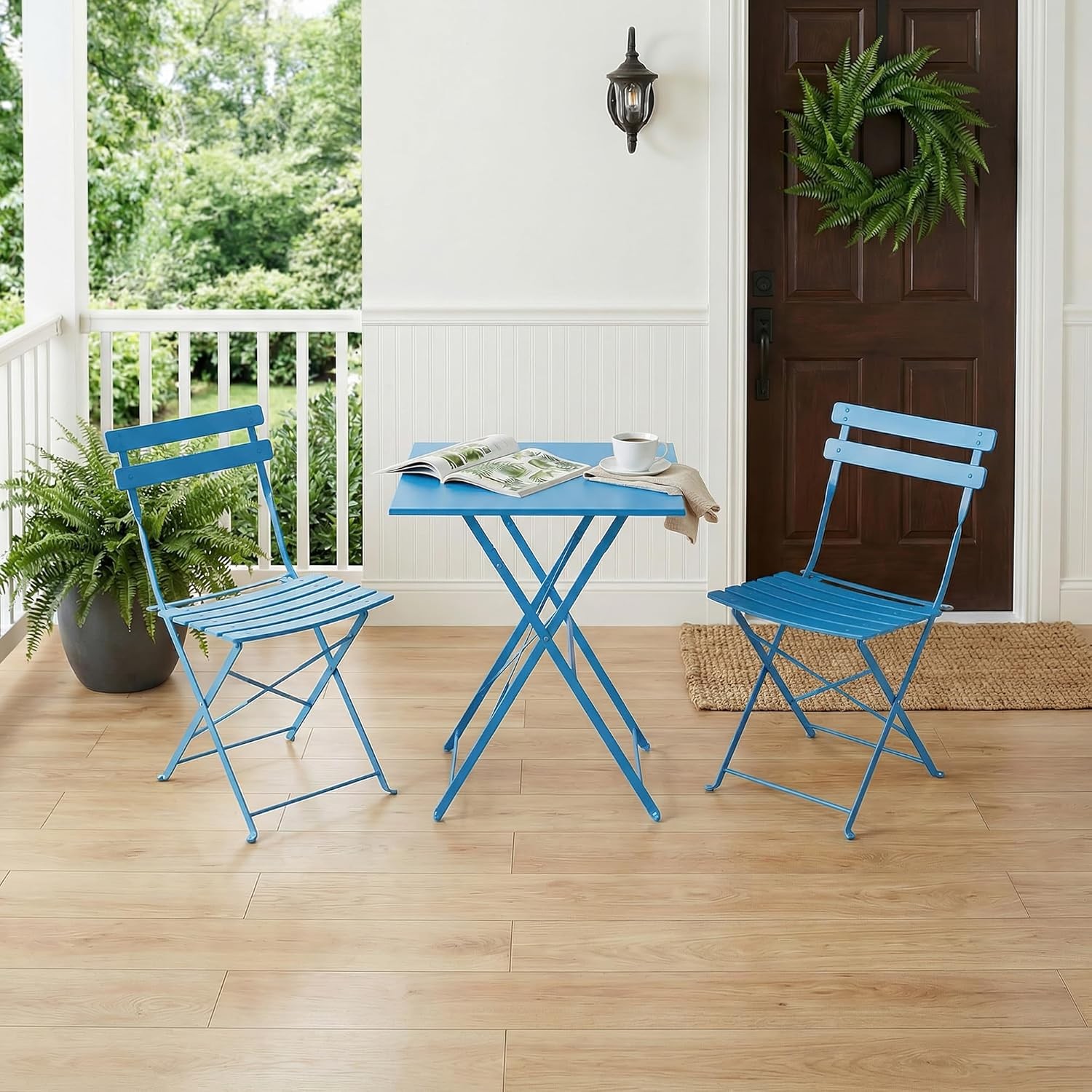 3-Piece Bistro Set Steel Frame Folding Patio Furniture w/ 2 Chair & Bistro Table