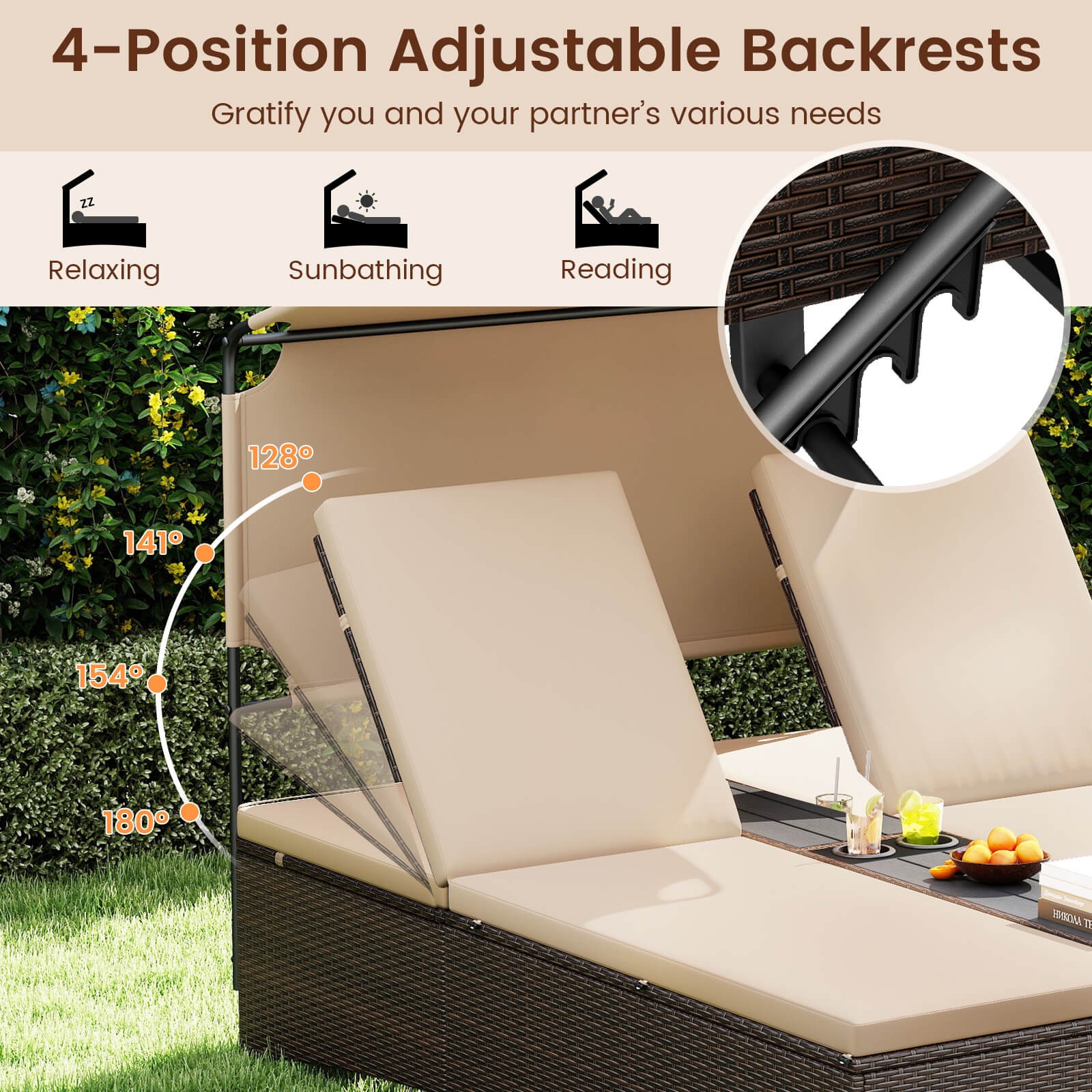 Outdoor Daybed with Adjustable Backrests 2-Person PE Rattan Patio Bed w/ Canopy
