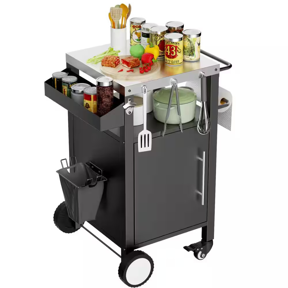 Black Outdoor Grill Patio Serving Cart with Patio Furniture Storage Hooks and Sp