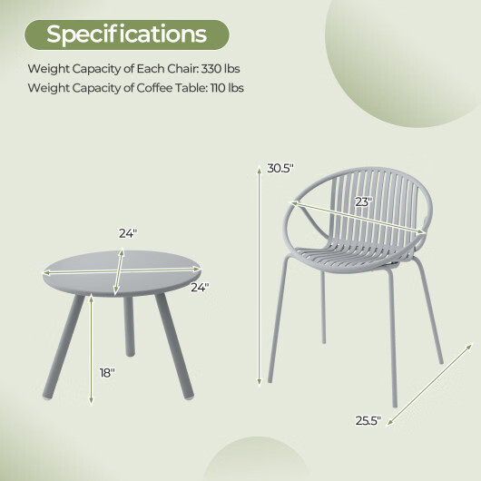 All Weather PP Patio Conversation Set with Round Coffee table and 2 Chairs-Gray