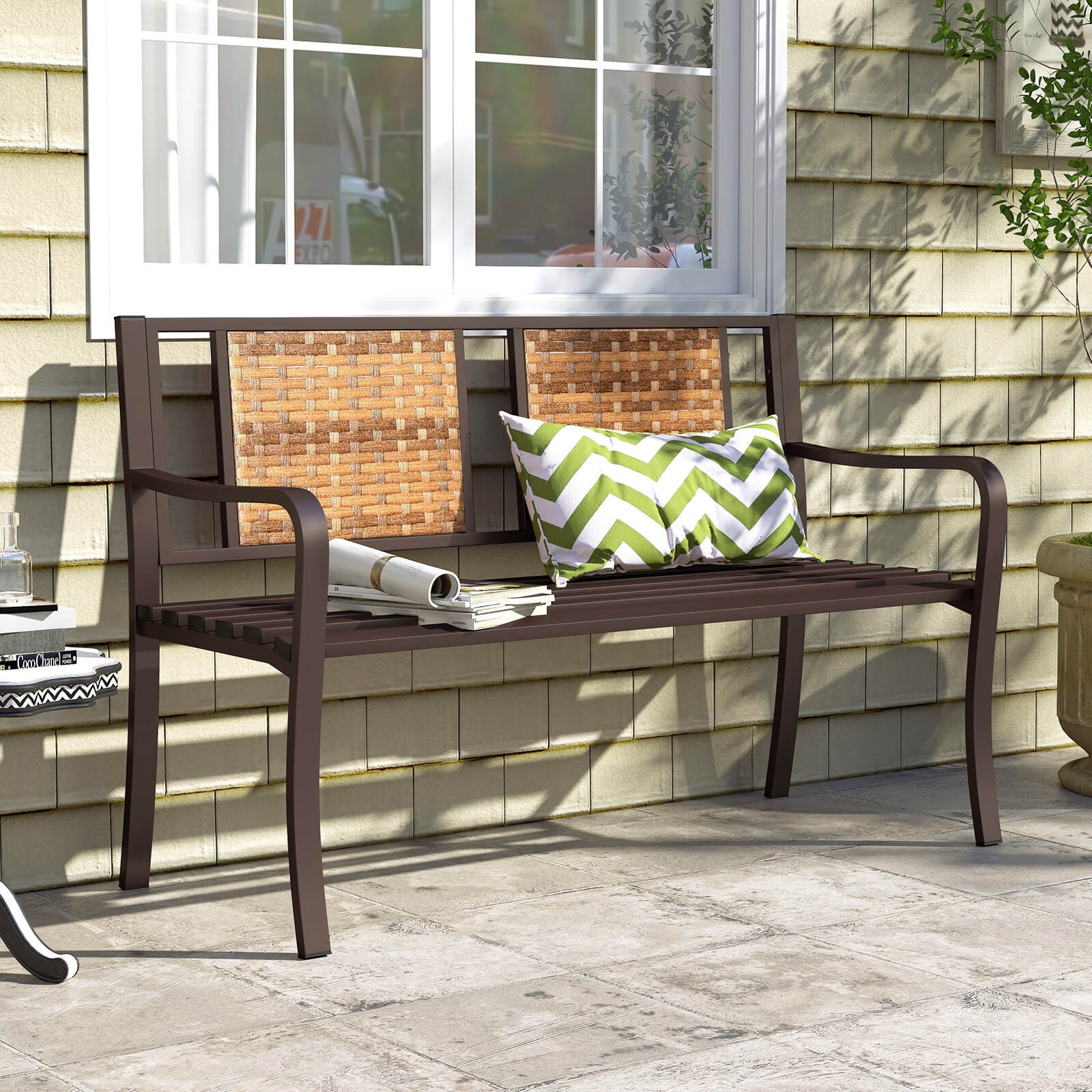 51″ Patio Metal Bench for 2-3 w/ Rattan Backrest & Curved Armrests for Backyard
