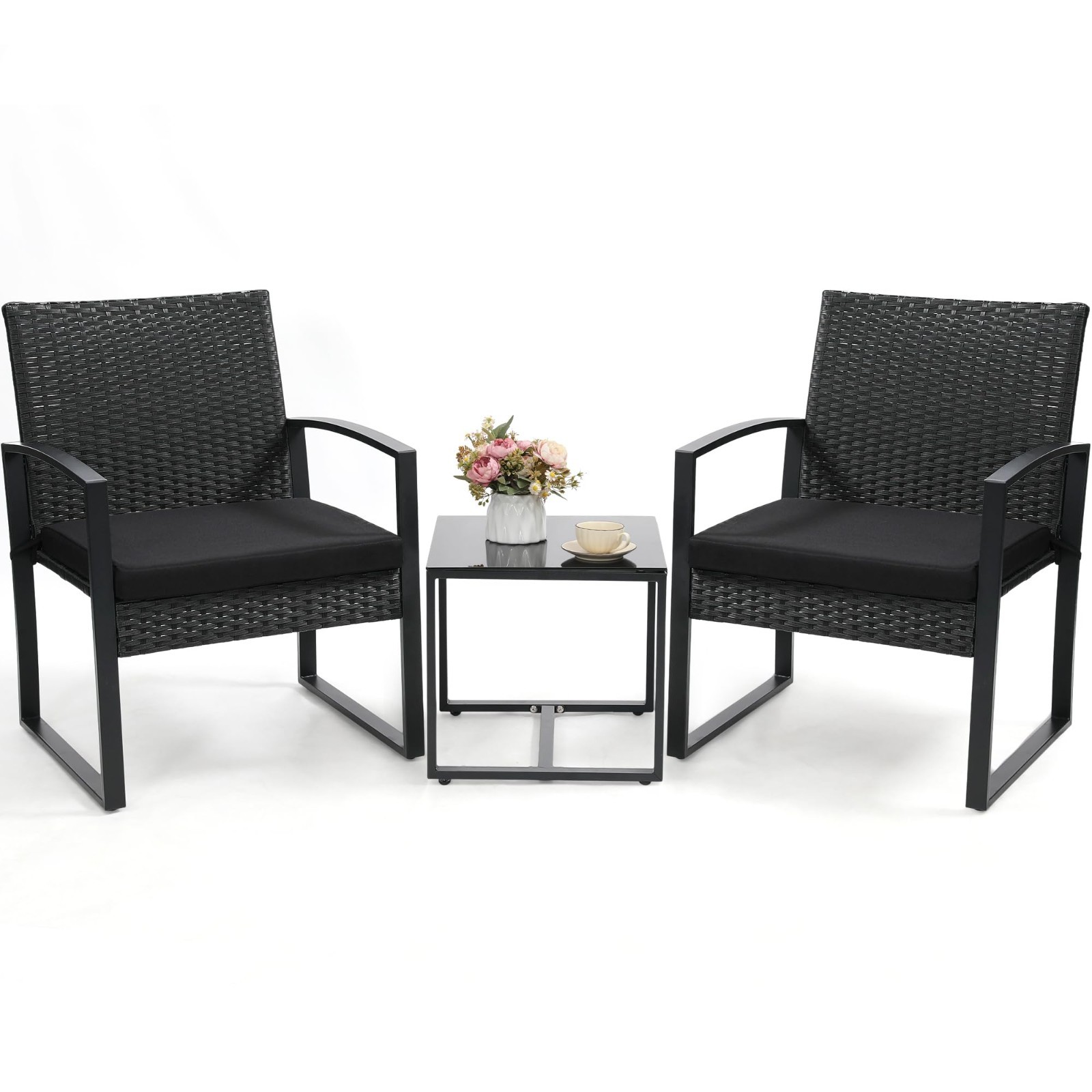 3-Piece Outdoor Wicker Bistro Set, Patio Conversation Set with 2 Chairs & Table,