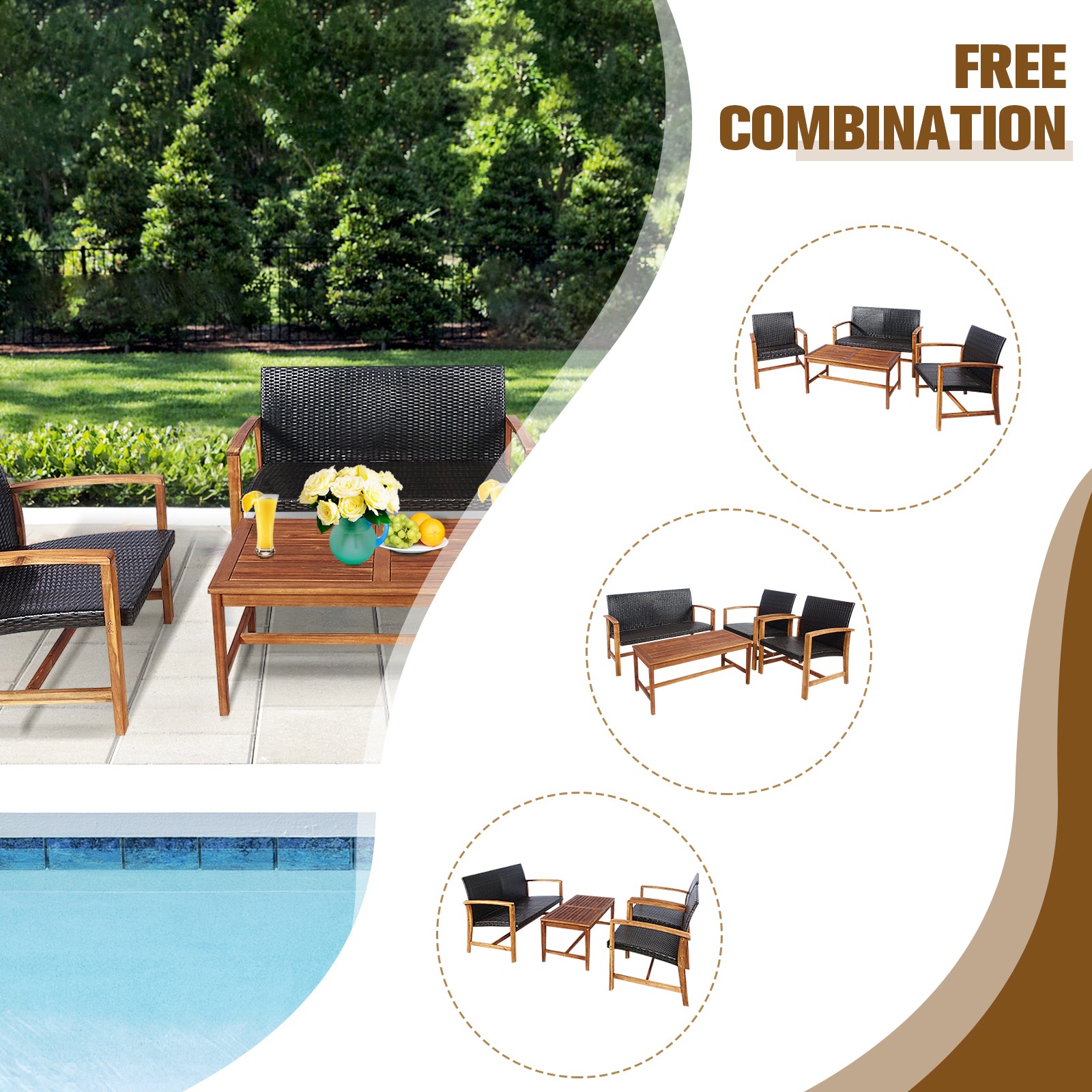 Patio 4PCS Rattan Furniture Set Outdoor Acacia Wood Frame Sofa Loveseat Backyard