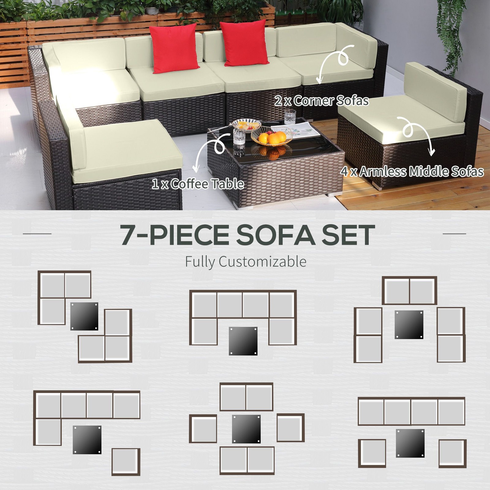7-Piece Wicker Style Sofa Set 350lb Capacity Glass Table Beige