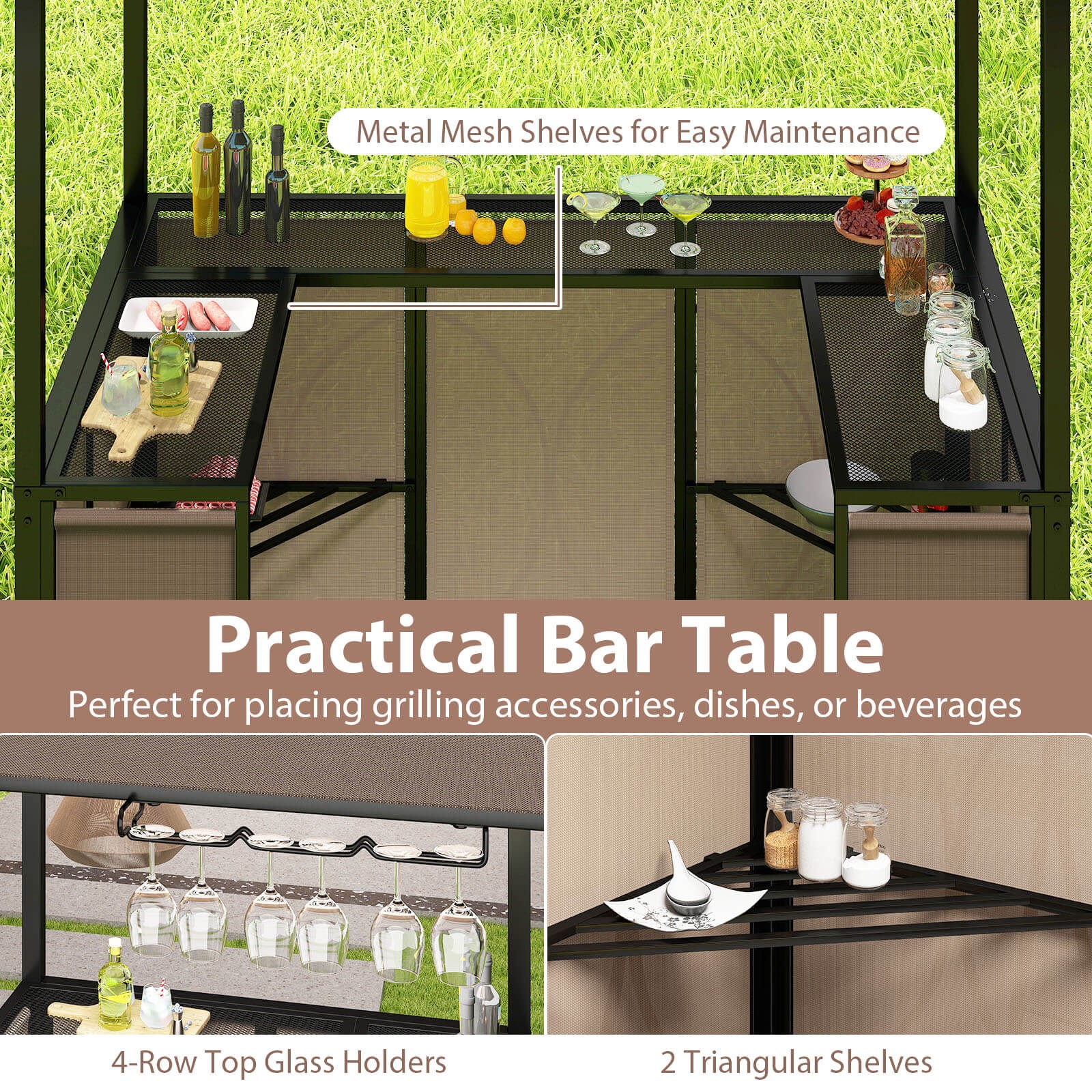 3PCS Outdoor BBQ Canopy w/ Bar Table & 2 Foldable Bar Chairs Set for Patio