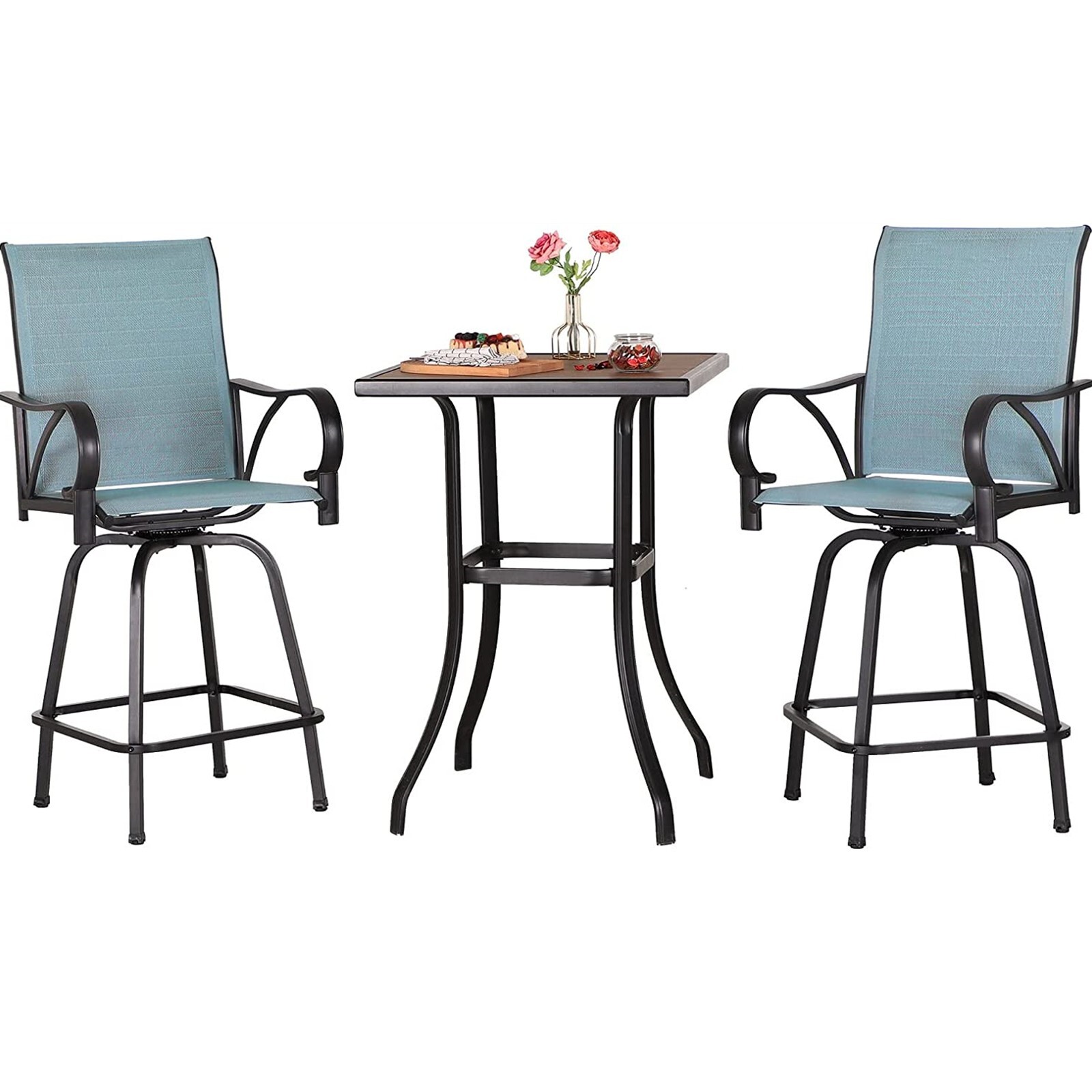 3Pcs Outdoor Patio Bar Set Textilene Swivel Bar Height Patio Chairs & Bar Table