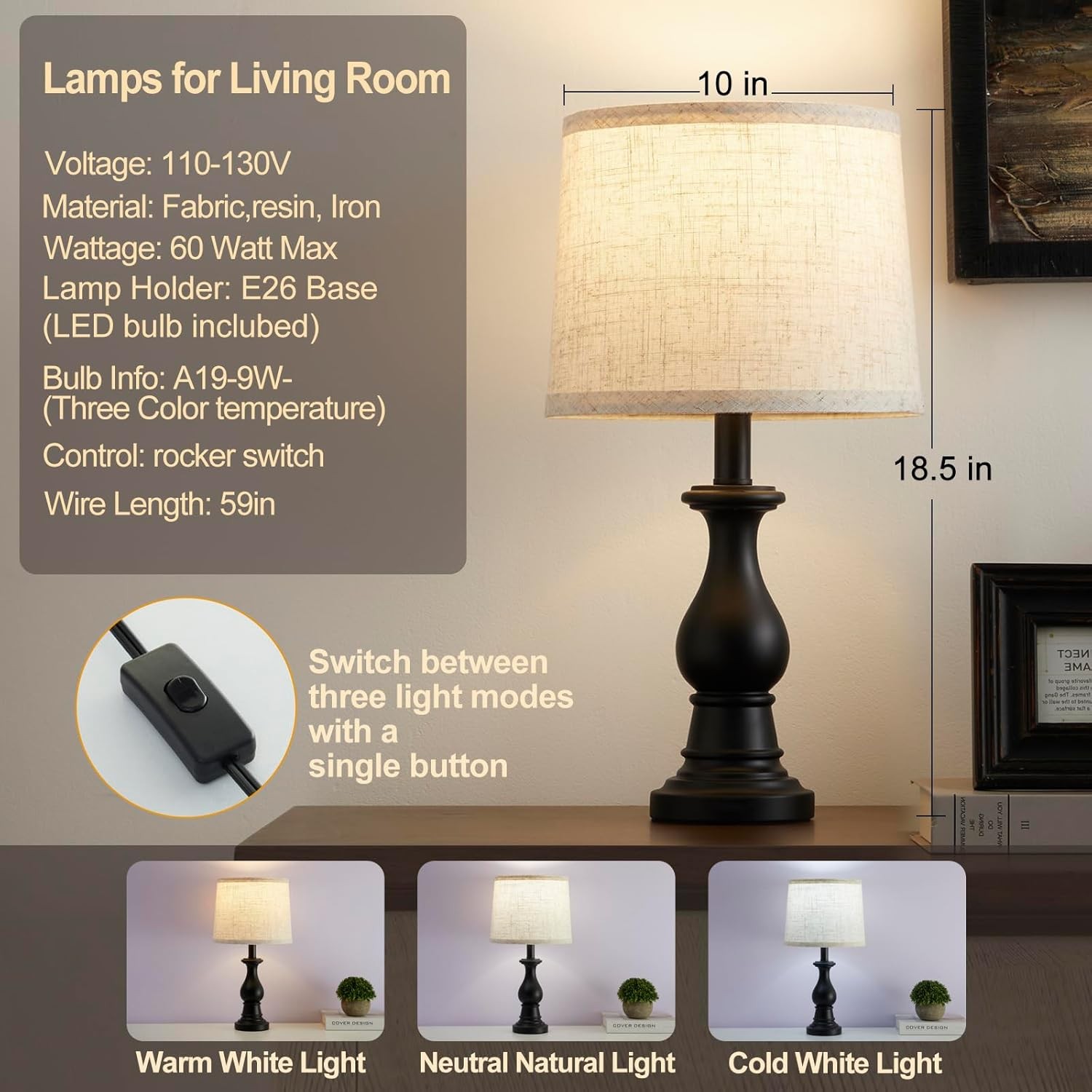 Vinta Table Lp for Living Room Bedroom, 18.5″ Farmhouse Bedside Lps
