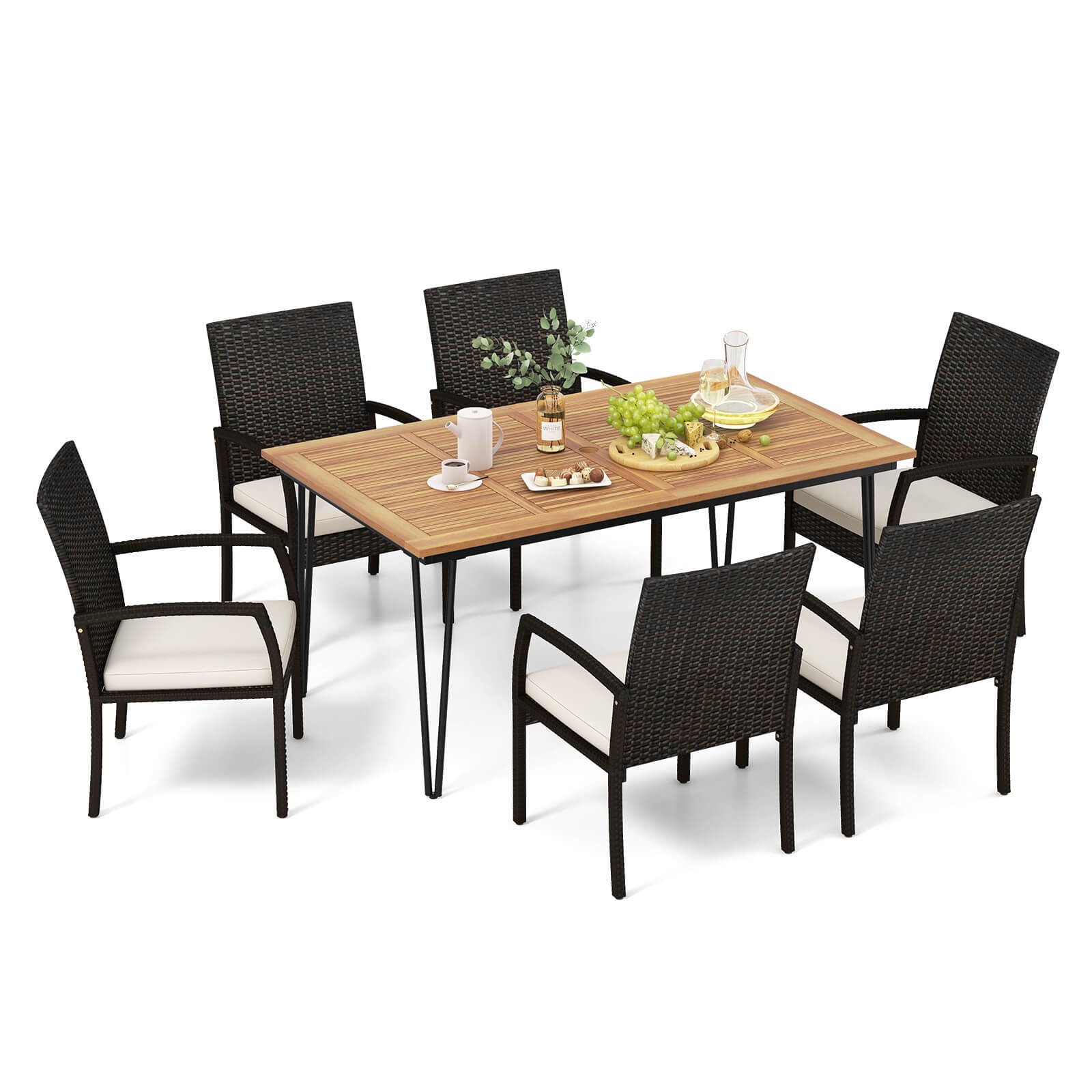 7 PCS Patio Dining Set w/Acacia Wood Dining Table Rattan Armchairs Soft Cushions