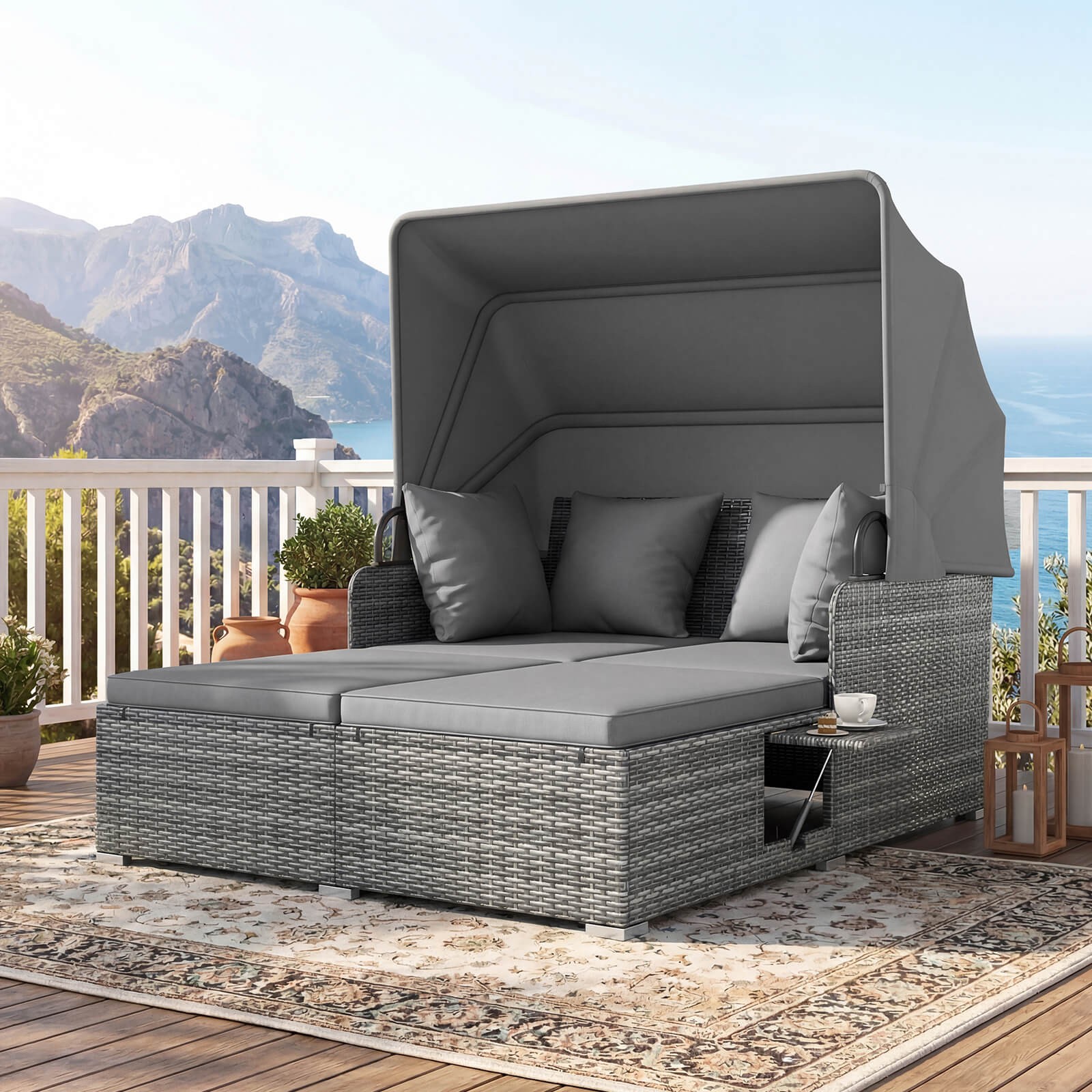 Patio Rattan Daybed Lounge Retractable Top Canopy Side Tables Cushions Beige