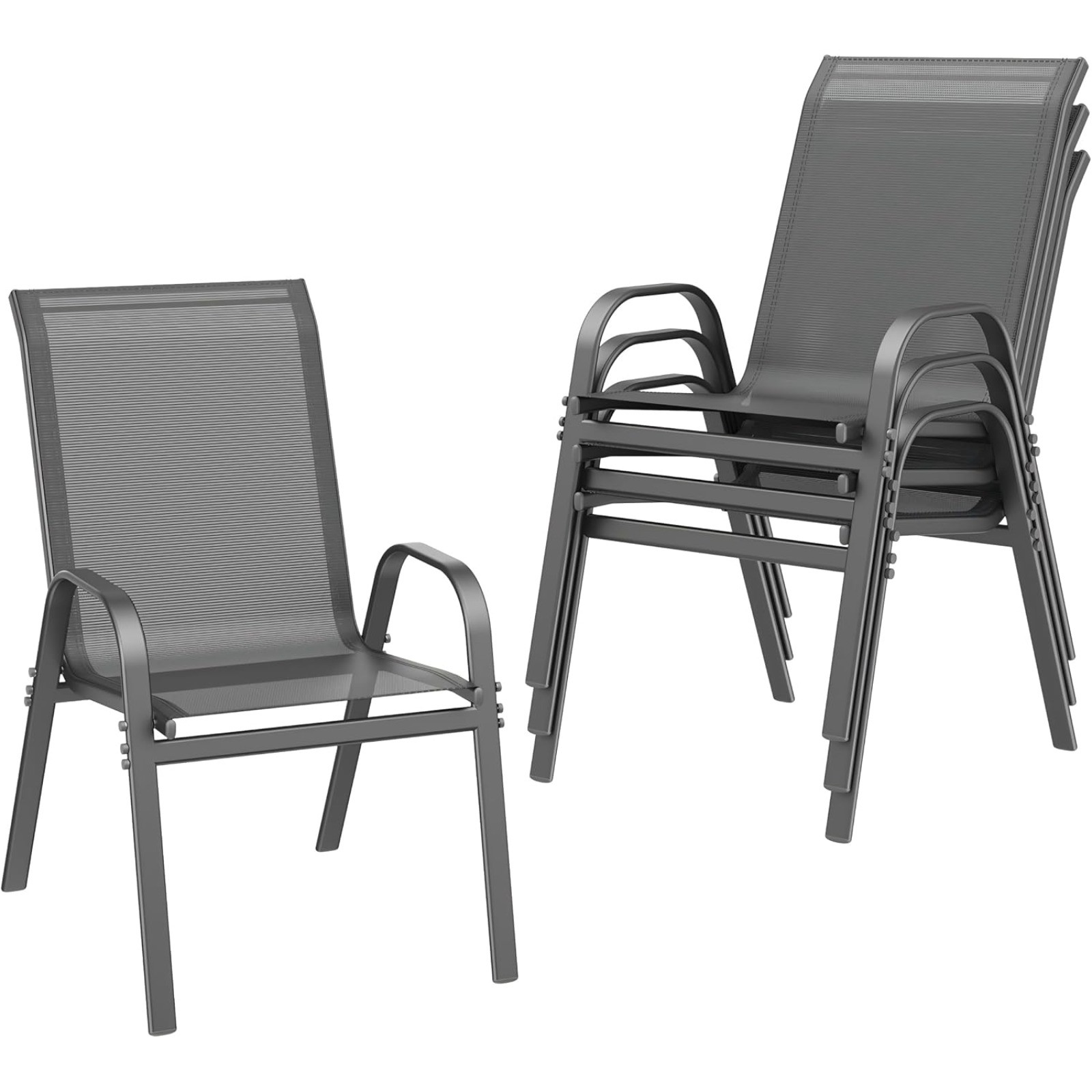 Heavy metal outdoor stack chairs, comfy wide seats for backyard patio use