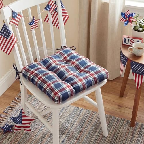 Set of 4 Navy and Red Plaid Chair Cushions with Ties for Dining Chairs