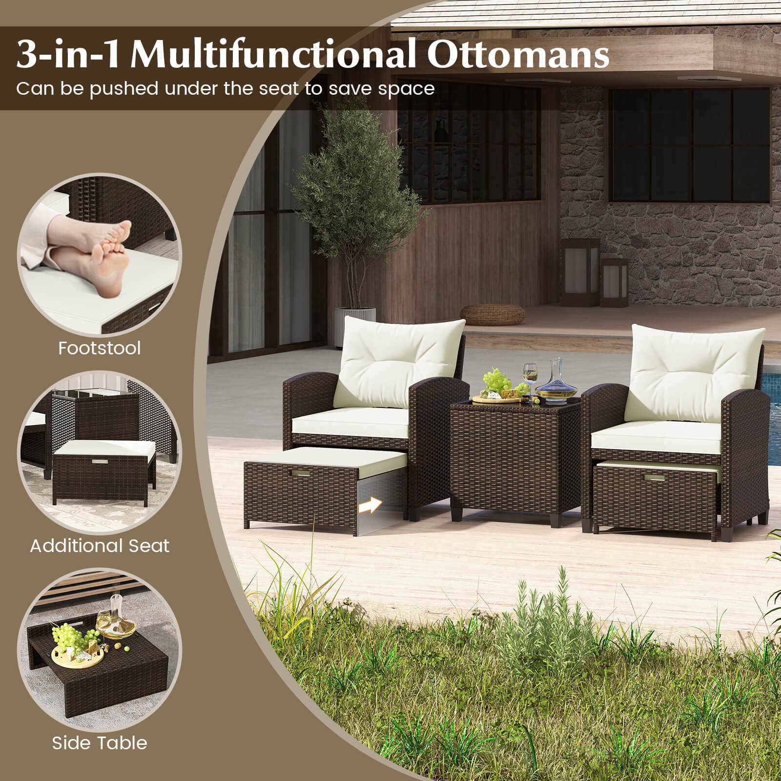 Patio 5 Piece Rattan Furniture w/ 2 Ottomans & Tempered Glass Coffee Table